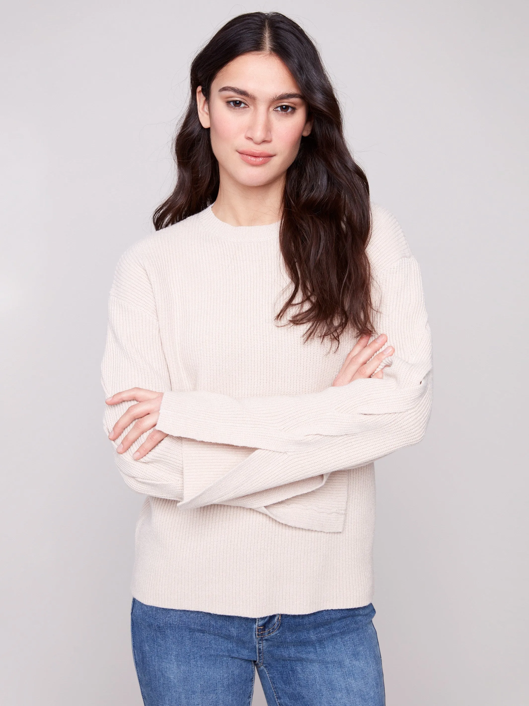 Crew Neck Sweater With Cable Sleeve Detail - Heather Oat sold by Charlie B