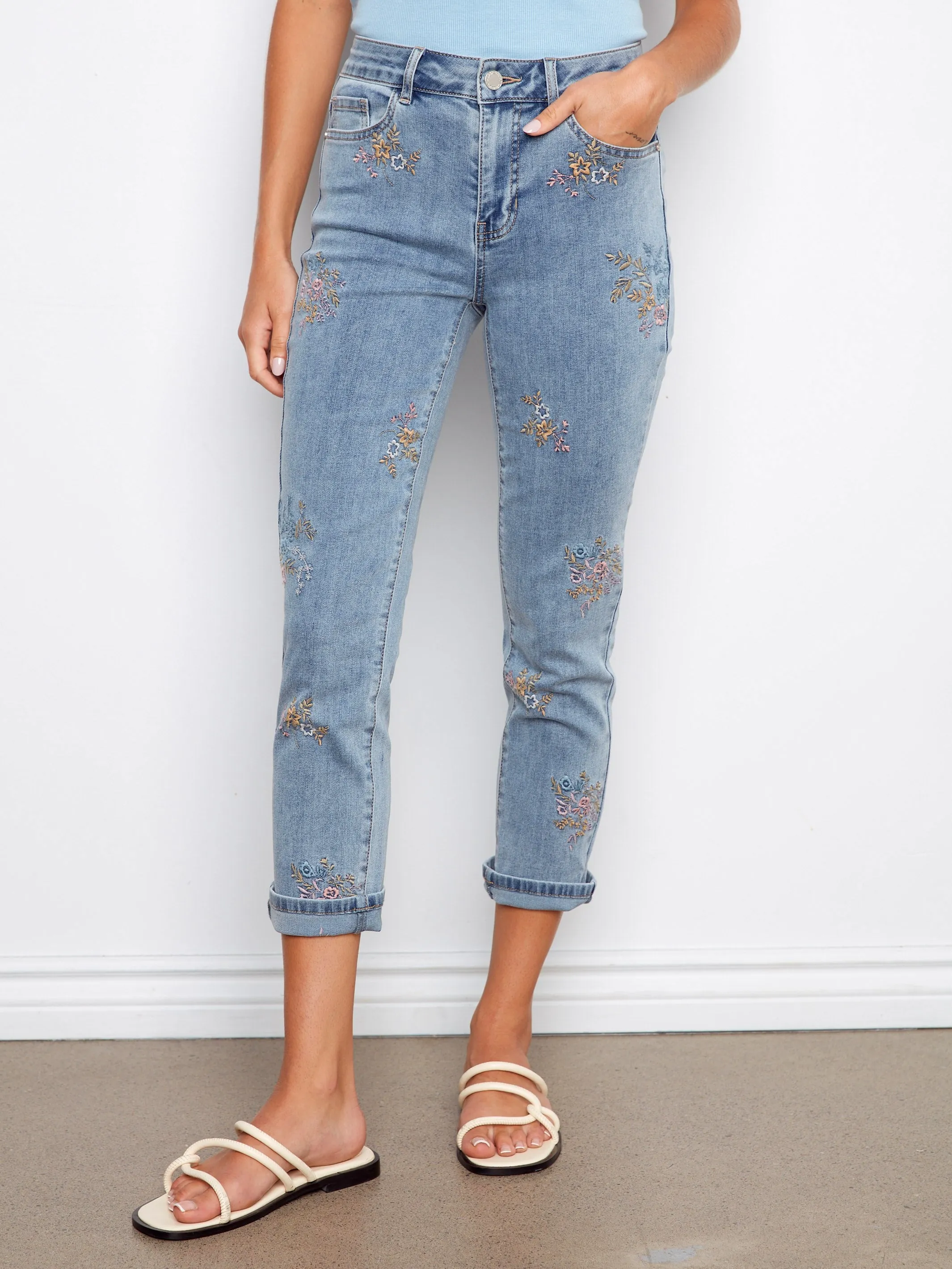Cuffed Cropped Slim Leg Embroidered Jeans - Bouquet sold by Charlie B product image thumbnail 2