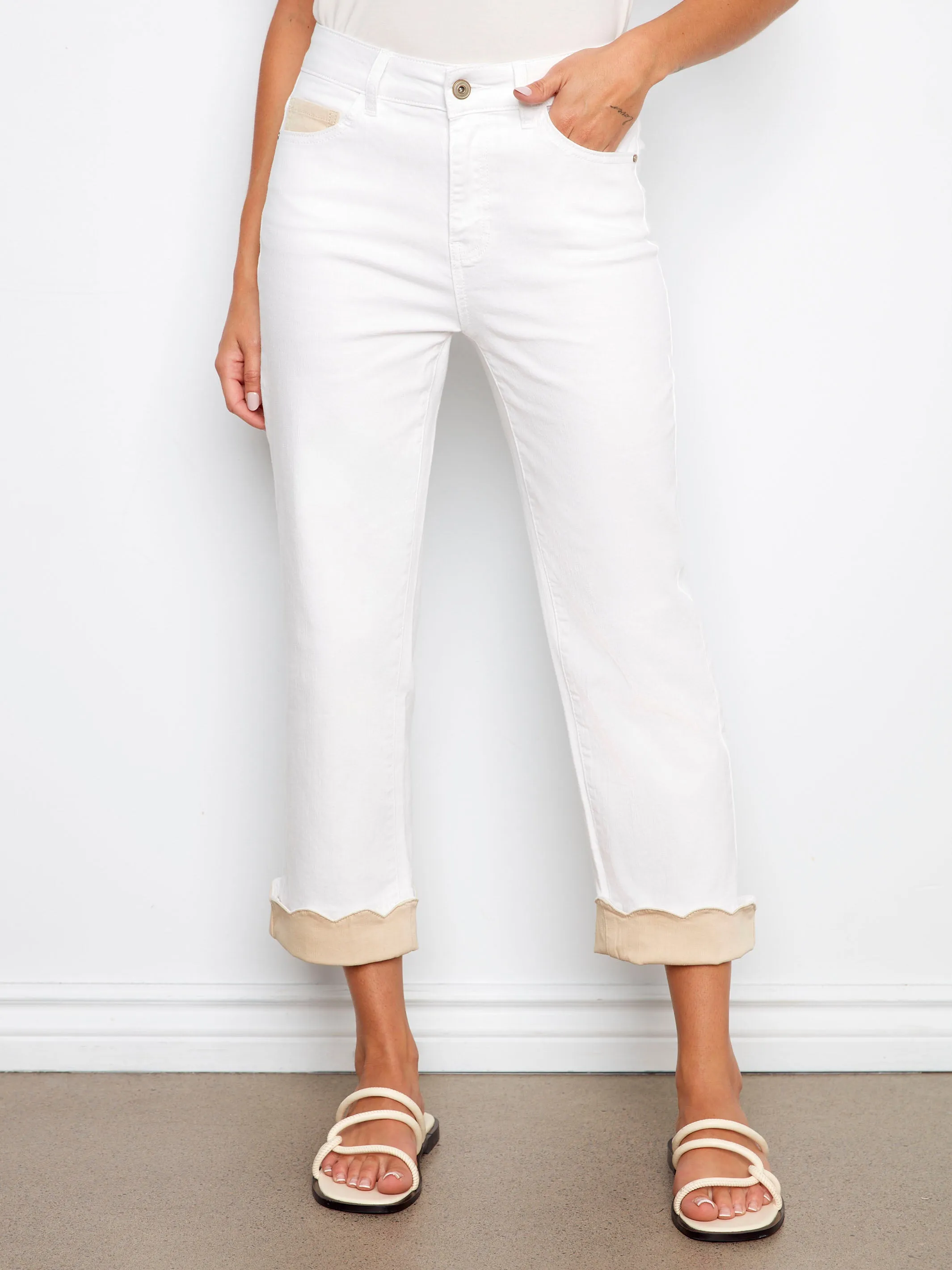 Cropped Twill Jeans With Contrast Scallop Cuff - White sold by Charlie B product image thumbnail 2
