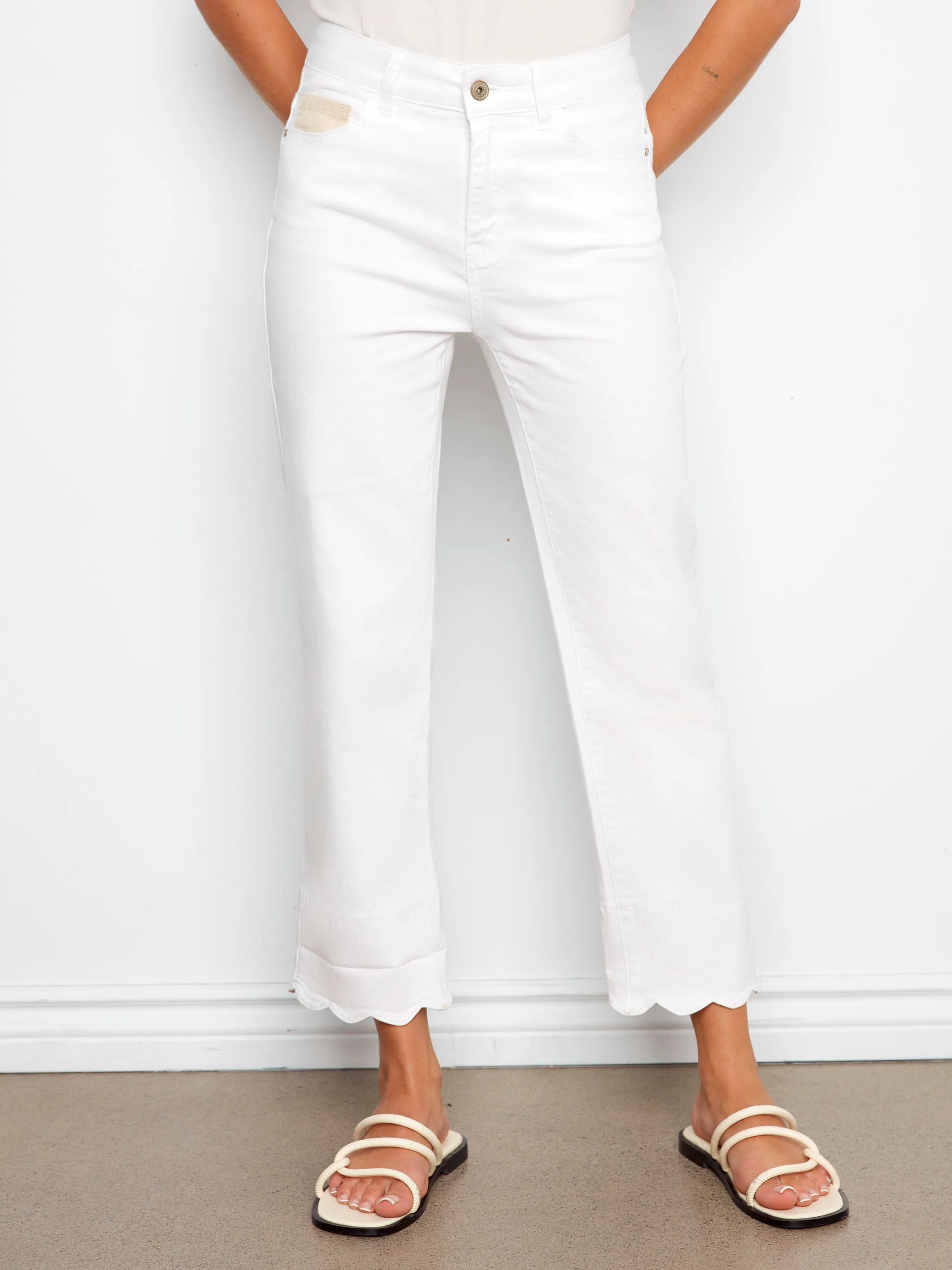Cropped Twill Jeans With Contrast Scallop Cuff - White sold by Charlie B product image thumbnail 3