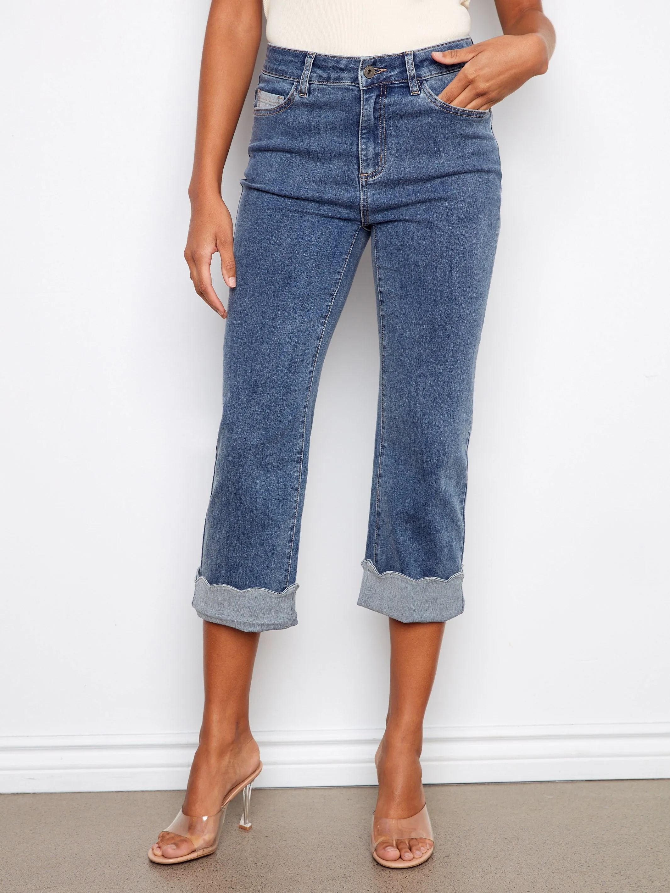 Cropped Jeans With Contrast Scallop Cuff - Medium Blue sold by Charlie B product image thumbnail 2