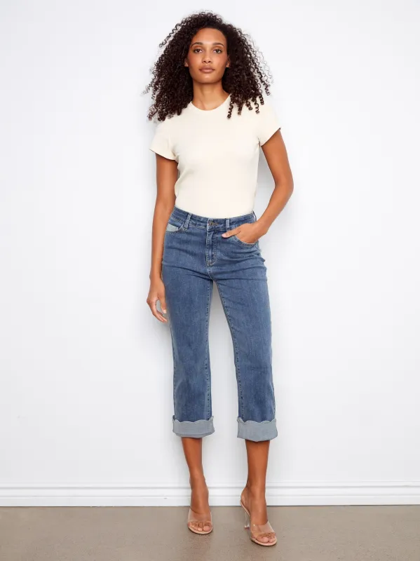 Cropped Jeans With Contrast Scallop Cuff - Medium Blue made by Charlie B