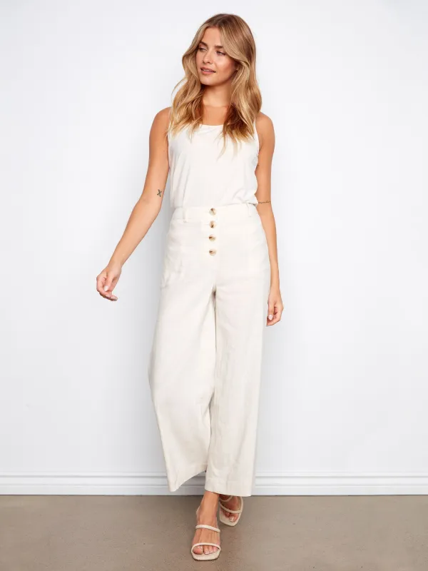 Stretch Linen Wide Leg Button-Front Pants - Natural made by Charlie B