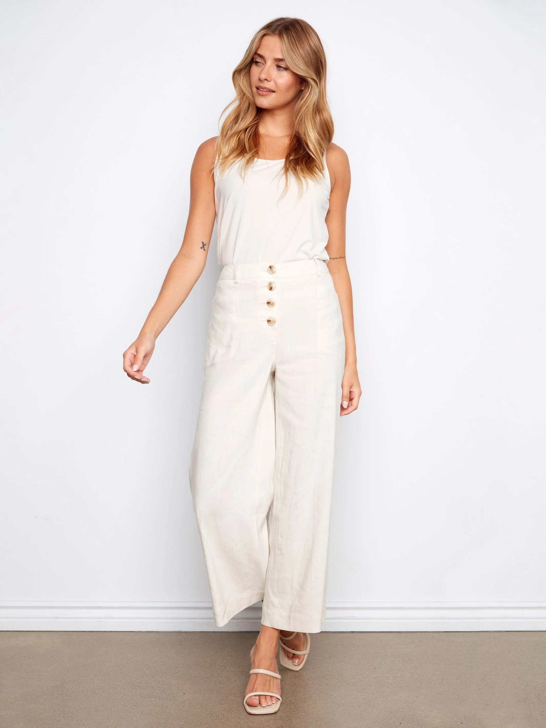 Stretch Linen Wide Leg Button-Front Pants - Natural sold by Charlie B