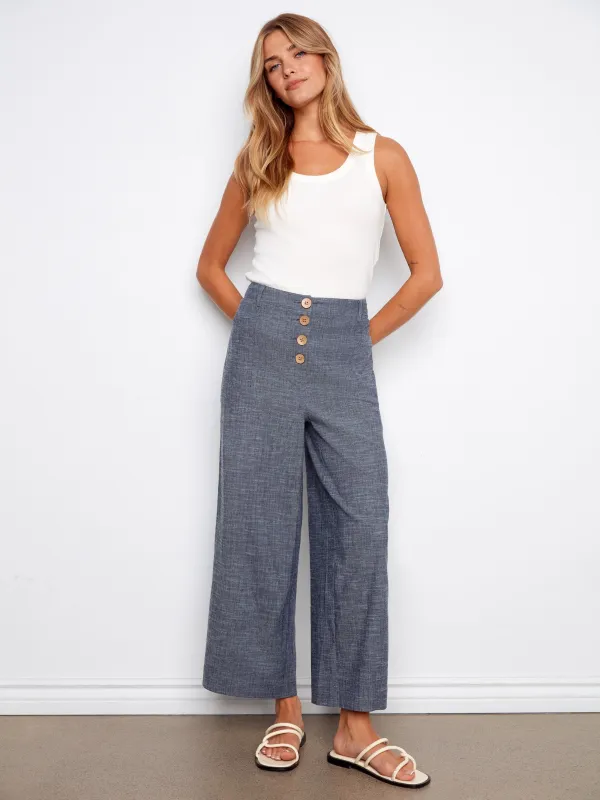 Stretch Linen Wide Leg Button-Front Pants - Indigo made by Charlie B