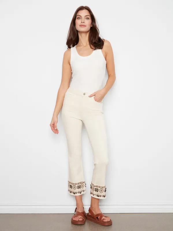 Cropped Twill Pants With Embroidered Hem - Natural made by Charlie B