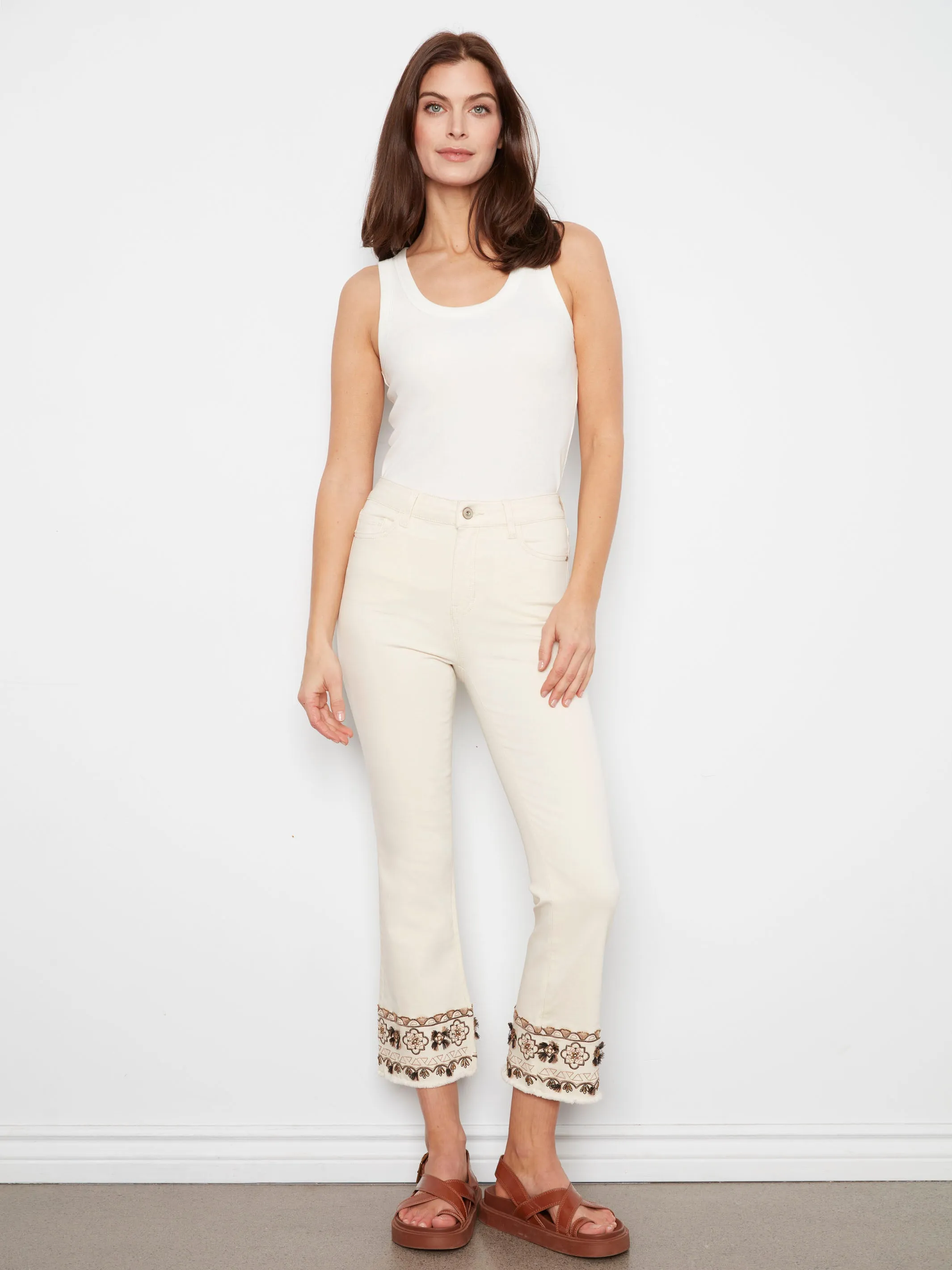Cropped Twill Pants With Embroidered Hem - Natural sold by Charlie B product image thumbnail 5