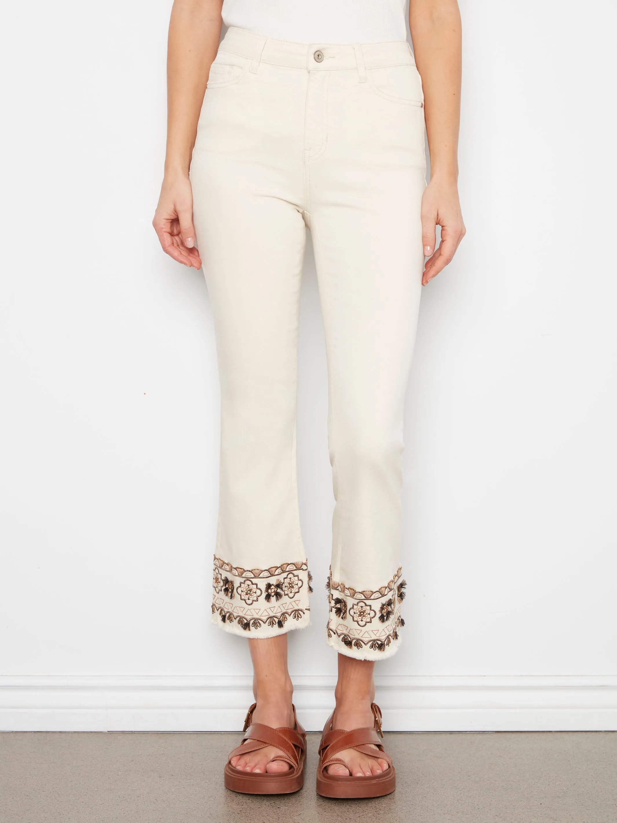 Cropped Twill Pants With Embroidered Hem - Natural sold by Charlie B product image thumbnail 2