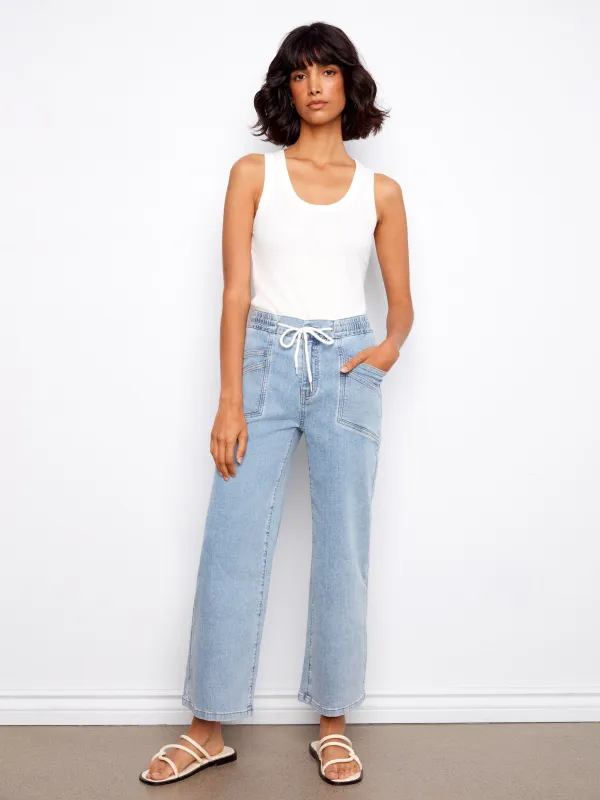 Drawstring Wide Leg Denim Pants - Soft Blue sold by Charlie B