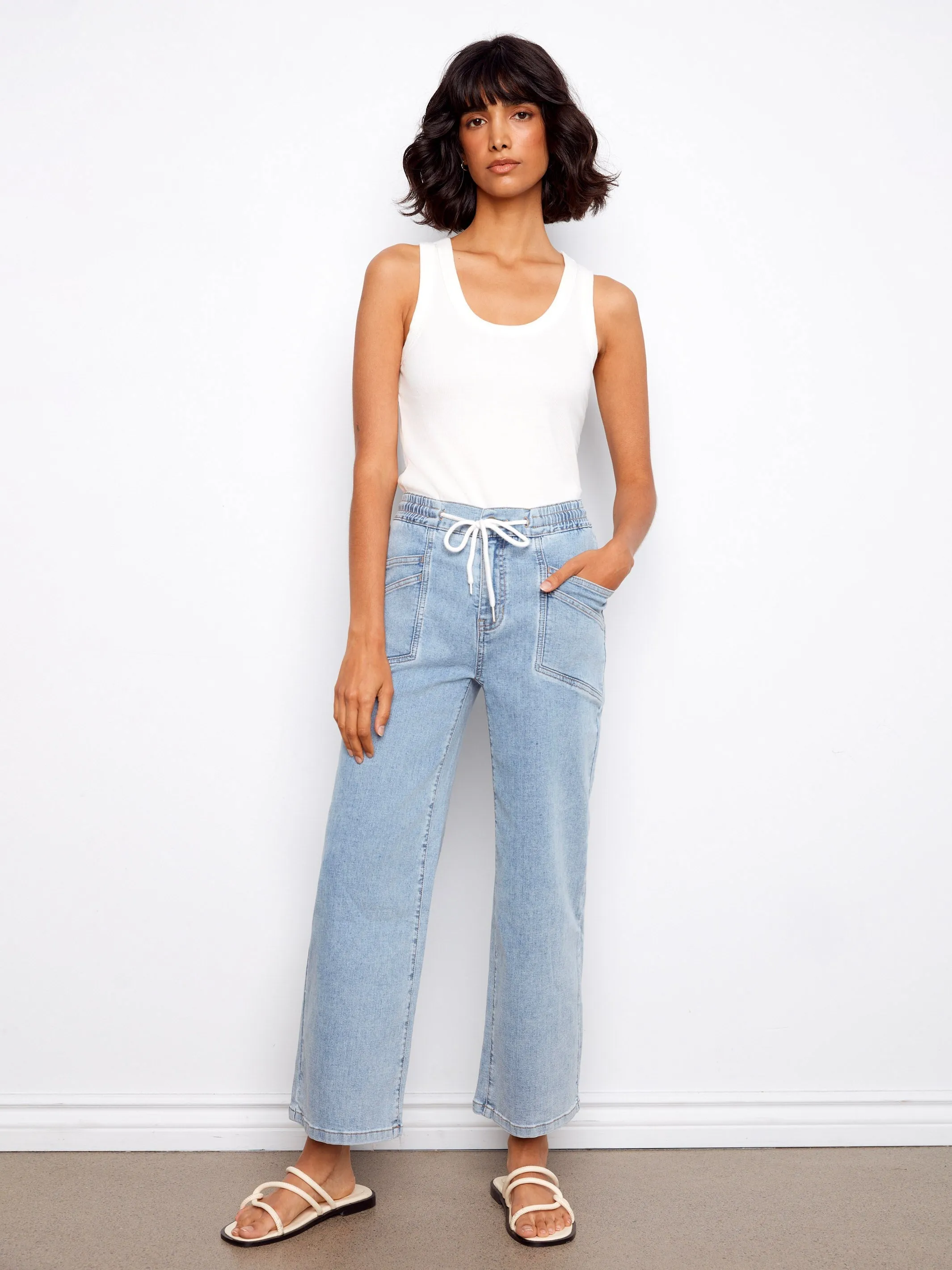 Drawstring Wide Leg Denim Pants - Soft Blue sold by Charlie B