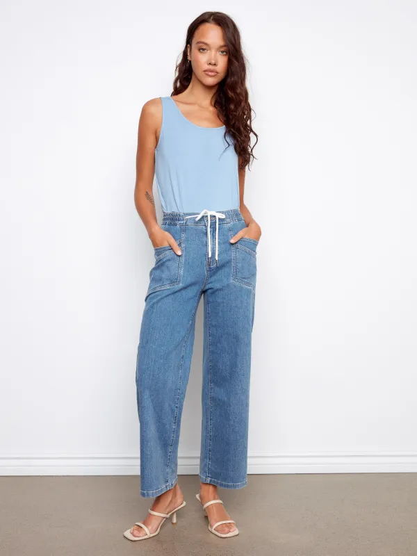 Drawstring Wide Leg Denim Pants - Vintage Blue sold by Charlie B
