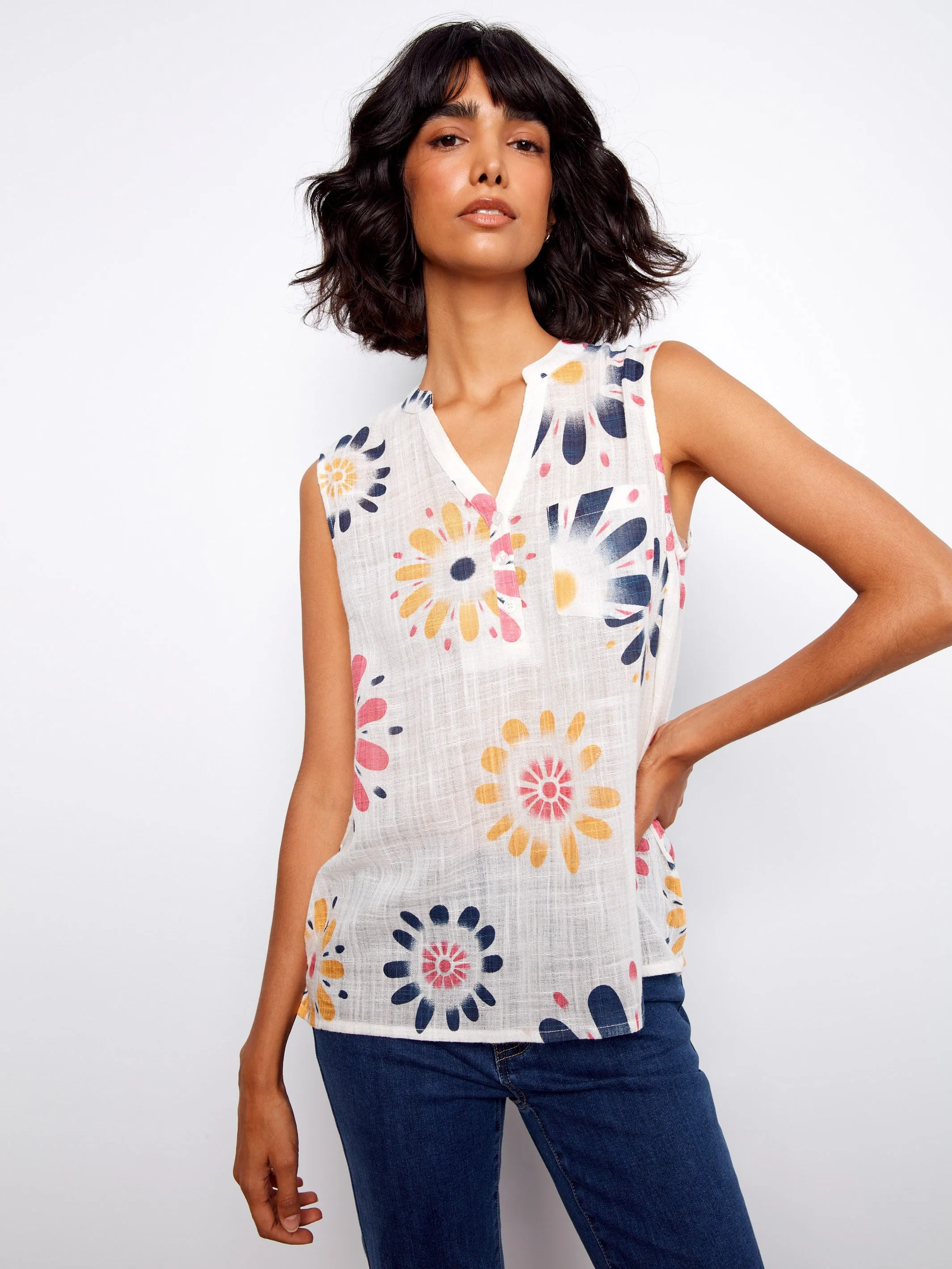 Printed Cotton Gauze Sleeveless Shirt - Daisies sold by Charlie B product image thumbnail 4
