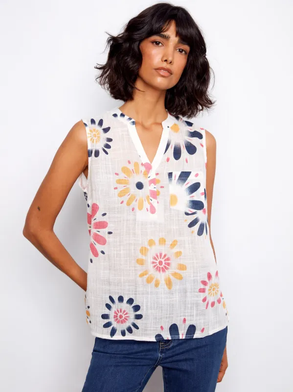 Printed Cotton Gauze Sleeveless Shirt - Daisies sold by Charlie B