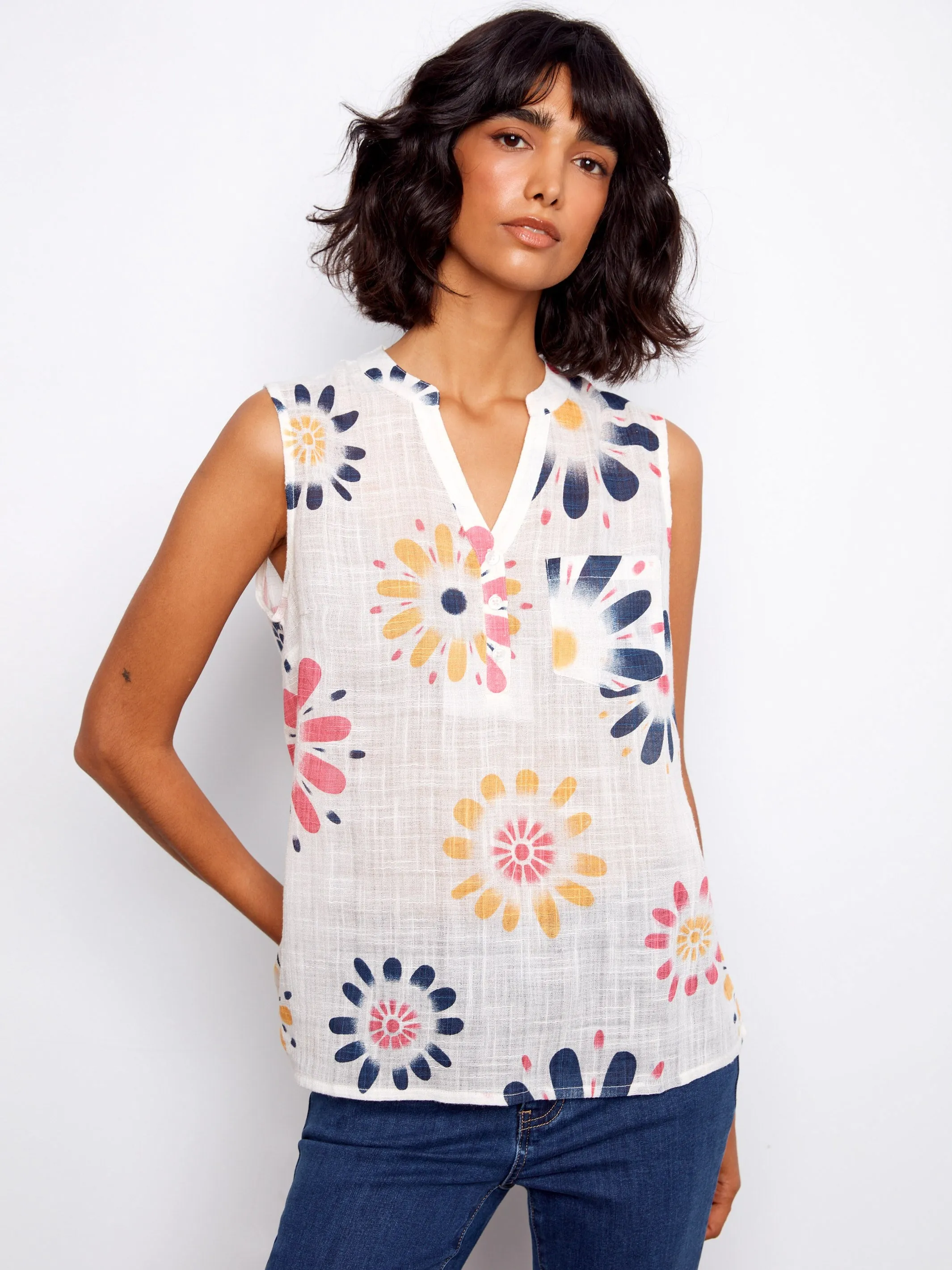 Printed Cotton Gauze Sleeveless Shirt - Daisies sold by Charlie B