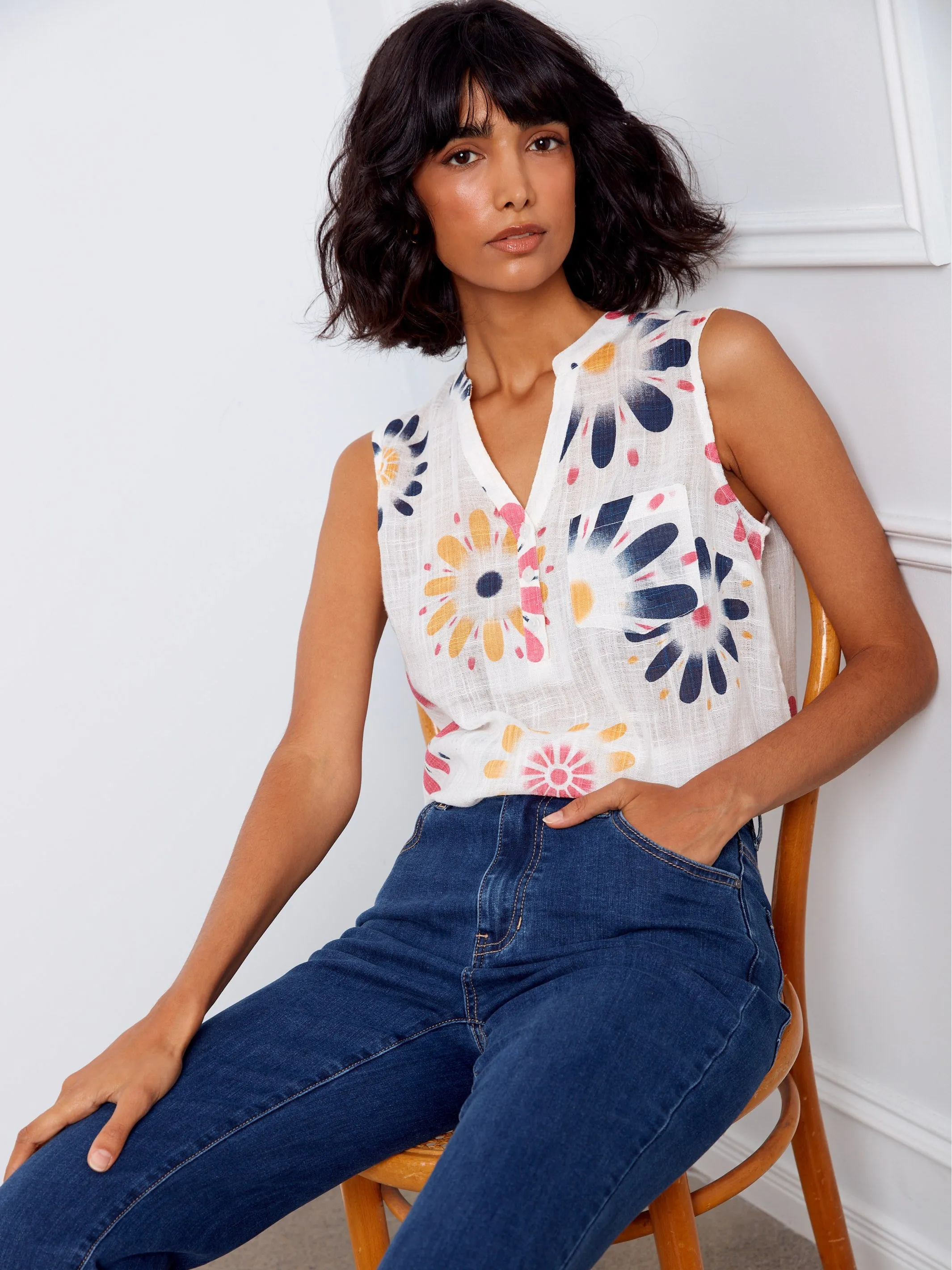 Printed Cotton Gauze Sleeveless Shirt - Daisies sold by Charlie B product image thumbnail 5