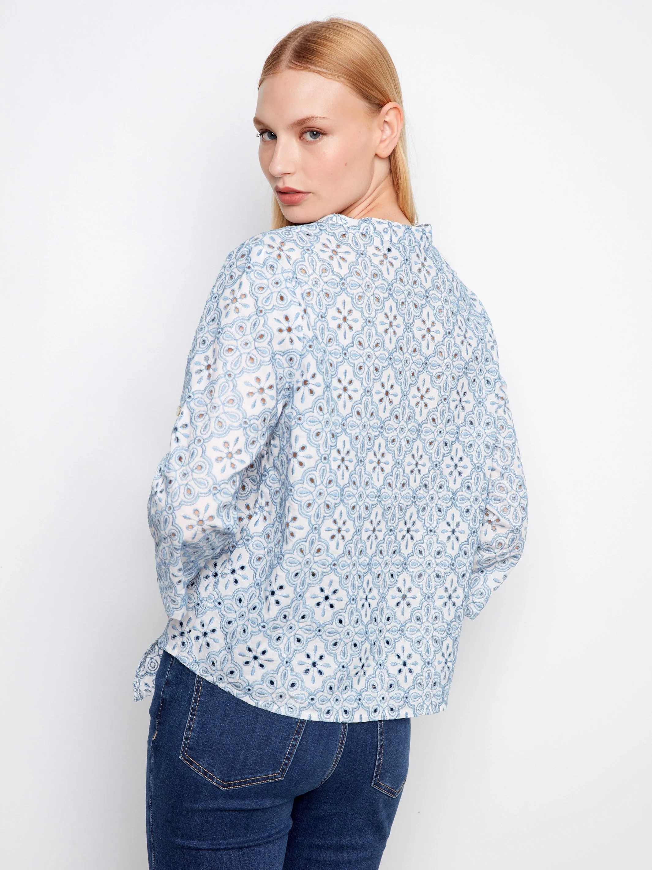 Printed Eyelet Cotton Blouse With Front Tie - Blue sold by Charlie B product image thumbnail 4