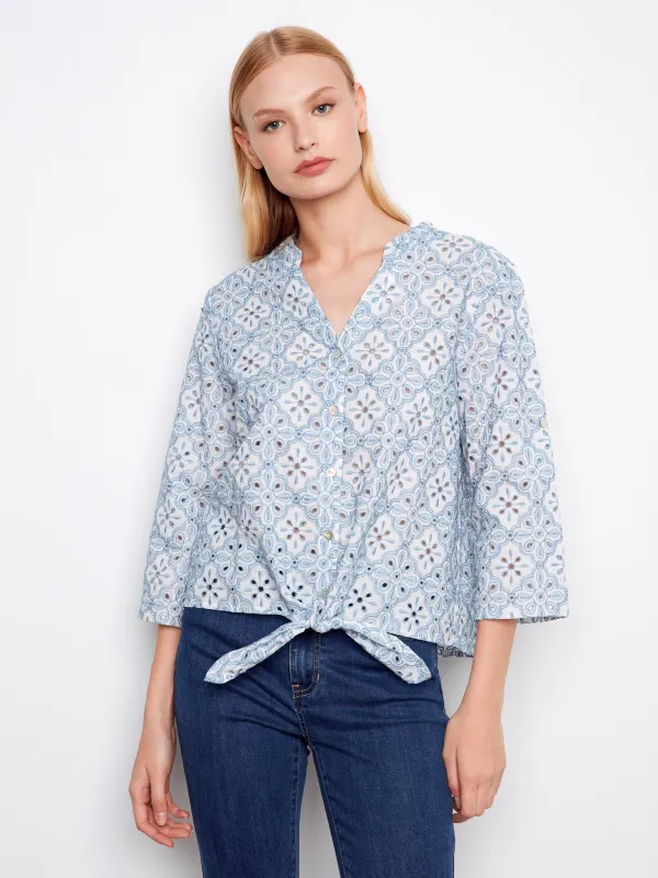 Printed Eyelet Cotton Blouse With Front Tie - Blue made by Charlie B