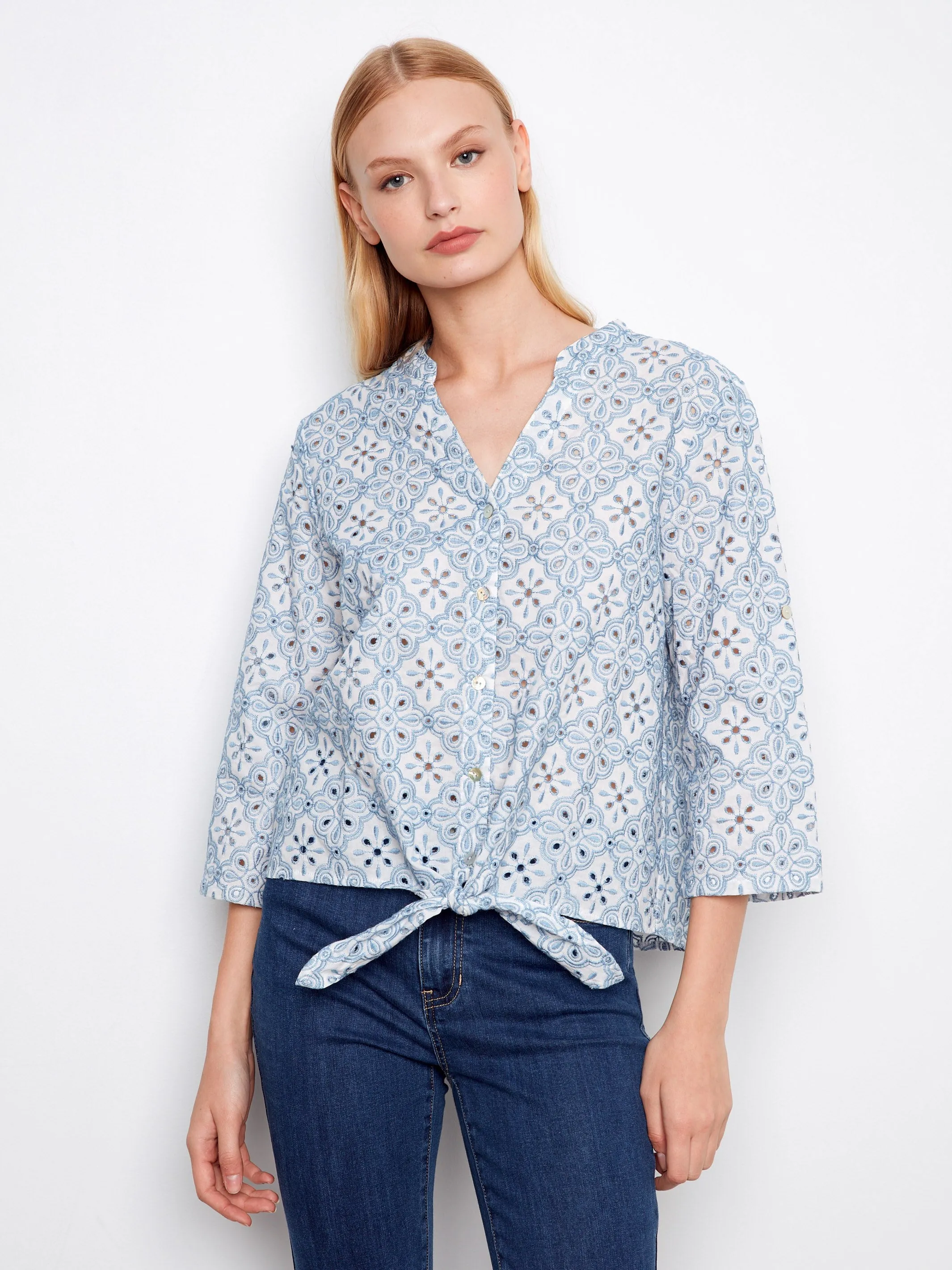 Printed Eyelet Cotton Blouse With Front Tie - Blue sold by Charlie B