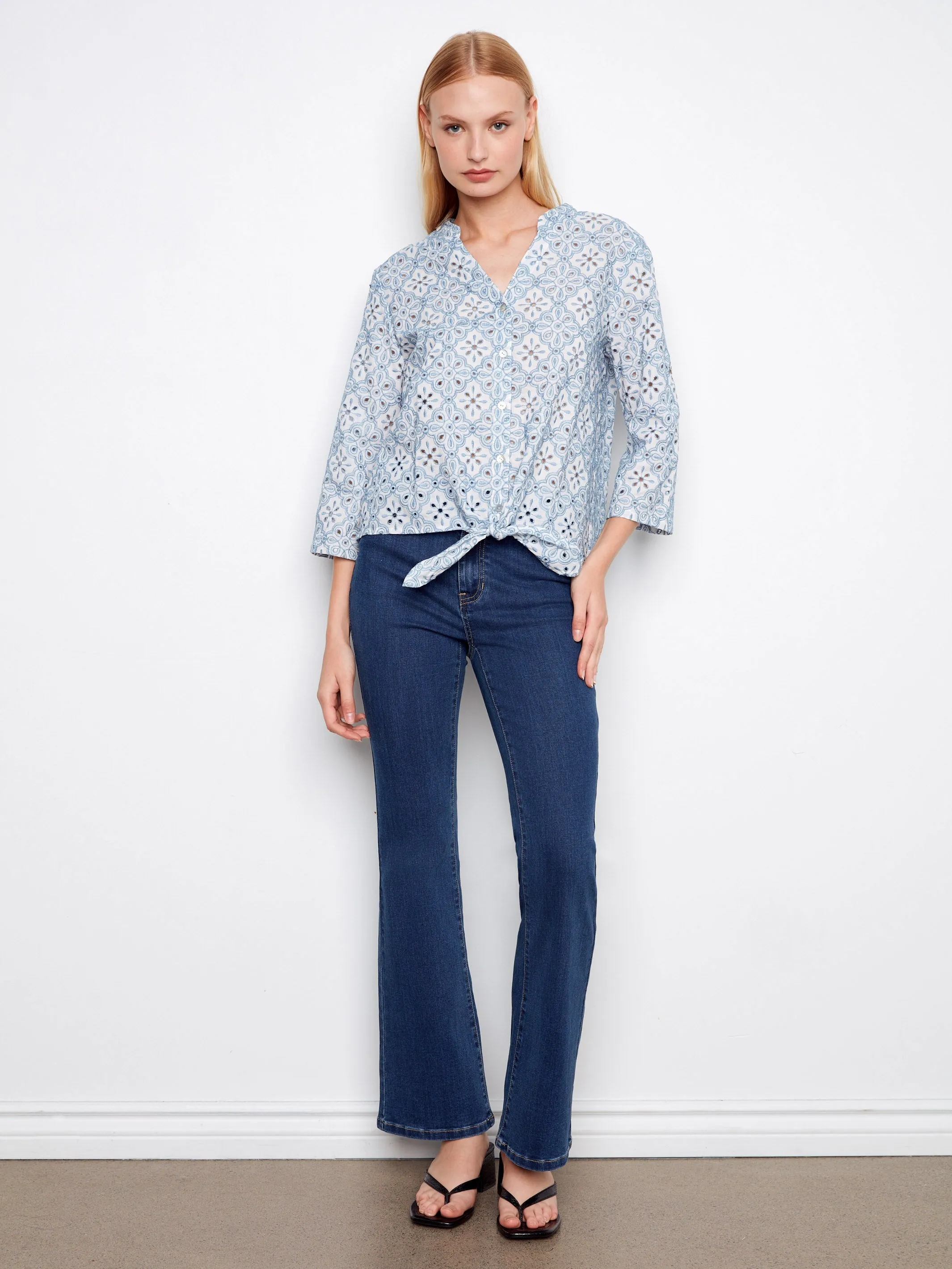 Printed Eyelet Cotton Blouse With Front Tie - Blue sold by Charlie B product image thumbnail 2