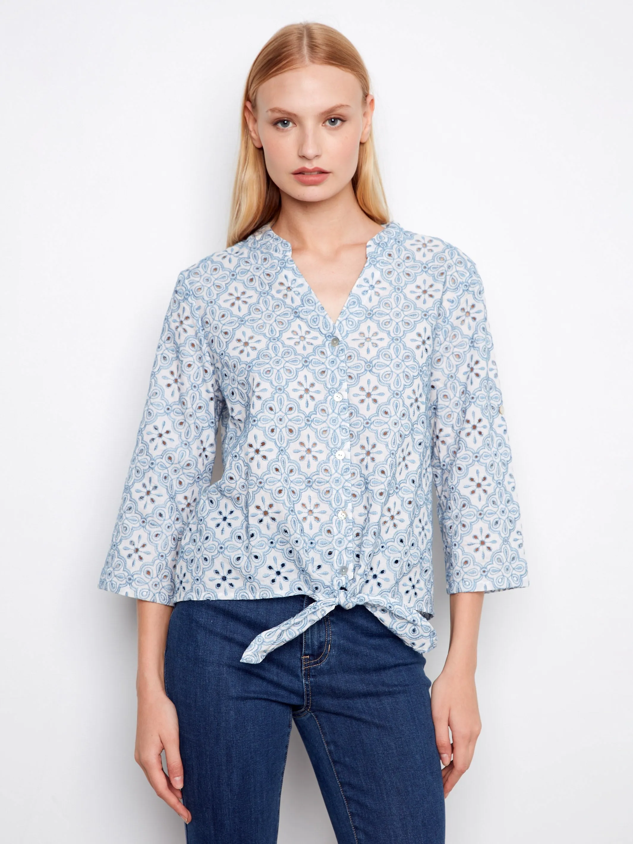 Printed Eyelet Cotton Blouse With Front Tie - Blue sold by Charlie B product image thumbnail 3