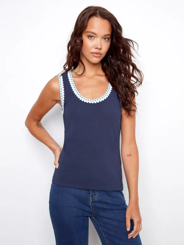 Knit Tank Top With Crochet Detail - Navy made by Charlie B
