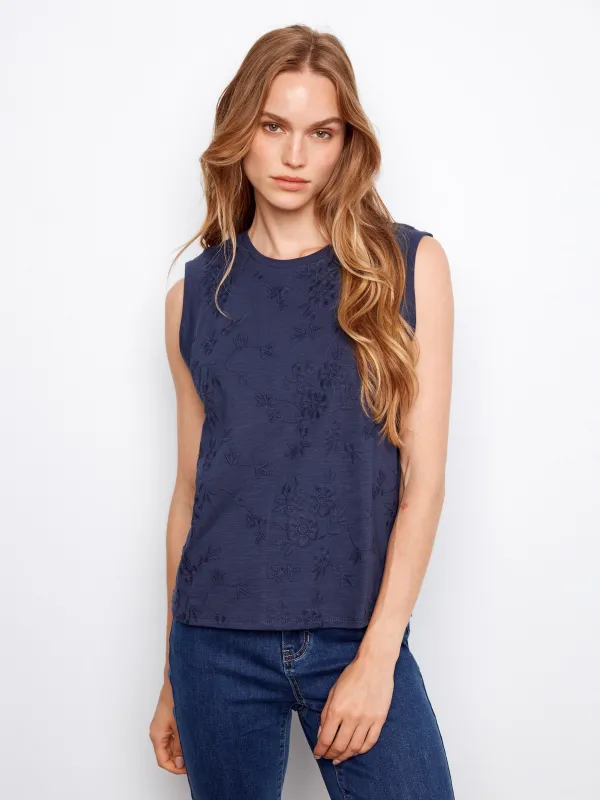 Floral Embroidered Sleeveless Cotton Top - Navy made by Charlie B