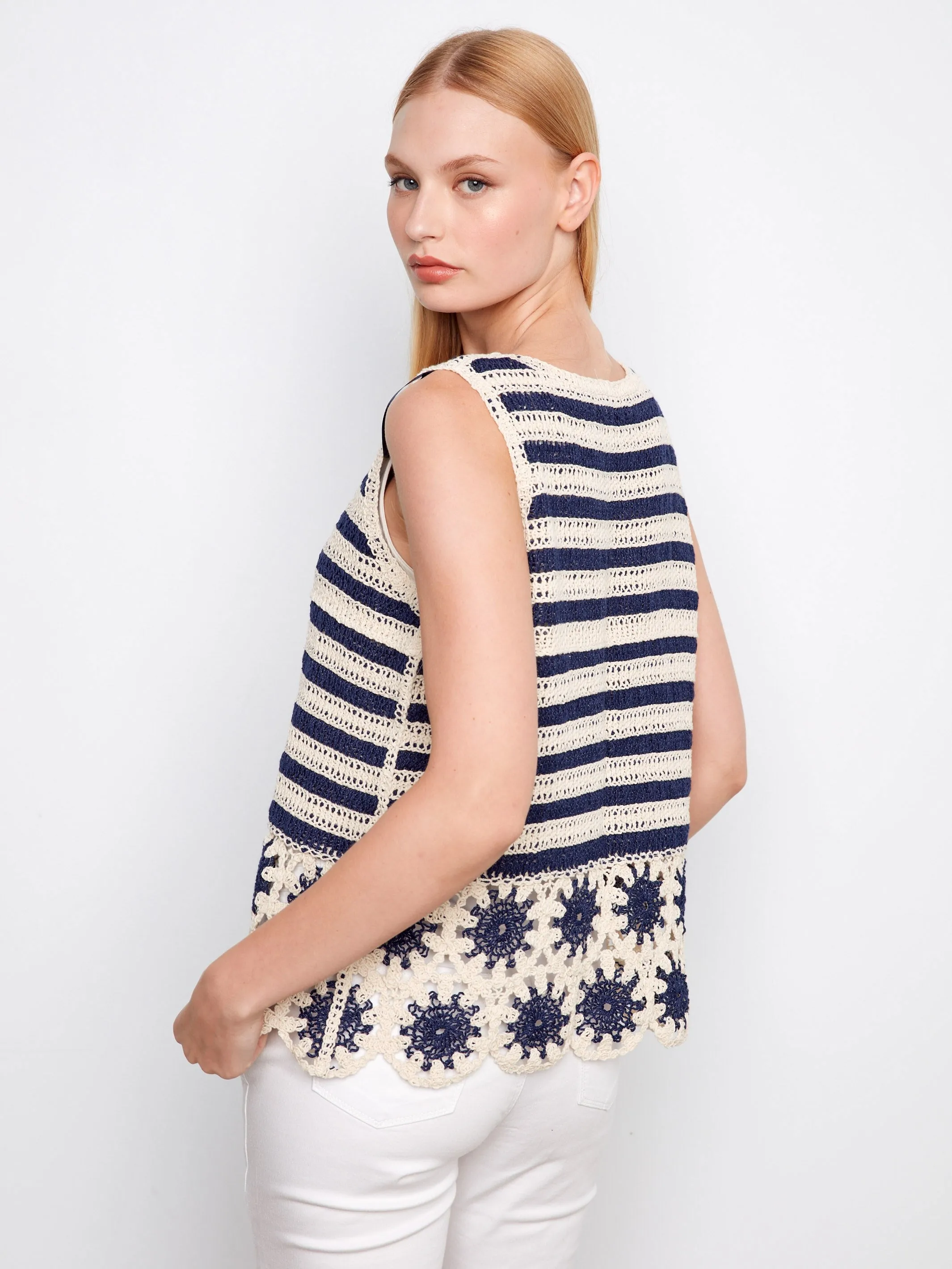Striped Sleeveless Crochet Top With Floral Hem - Navy sold by Charlie B product image thumbnail 4