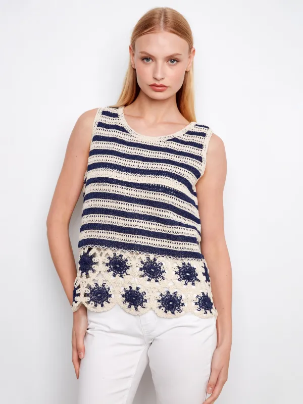 Striped Sleeveless Crochet Top With Floral Hem - Navy made by Charlie B