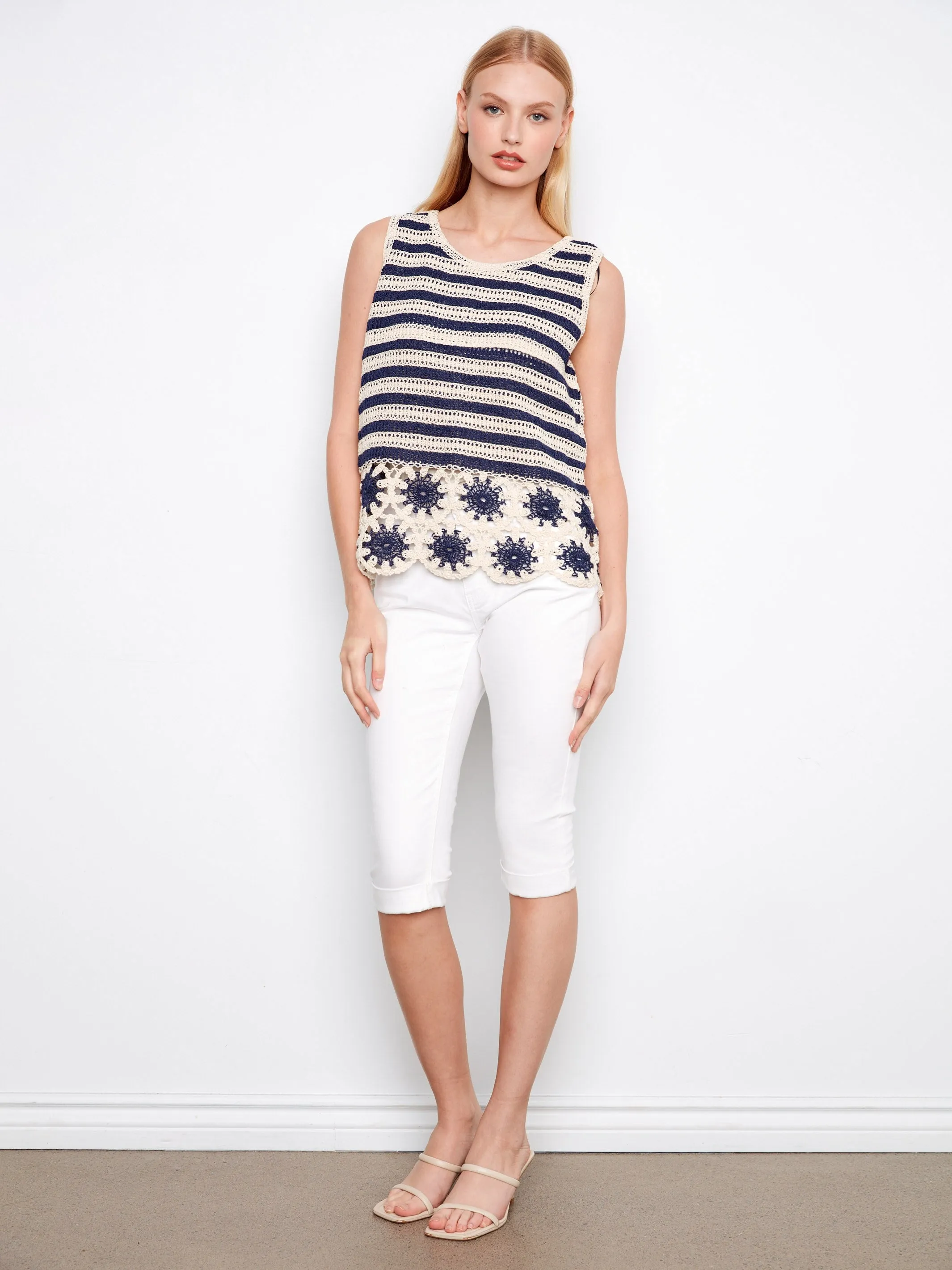 Striped Sleeveless Crochet Top With Floral Hem - Navy sold by Charlie B product image thumbnail 2