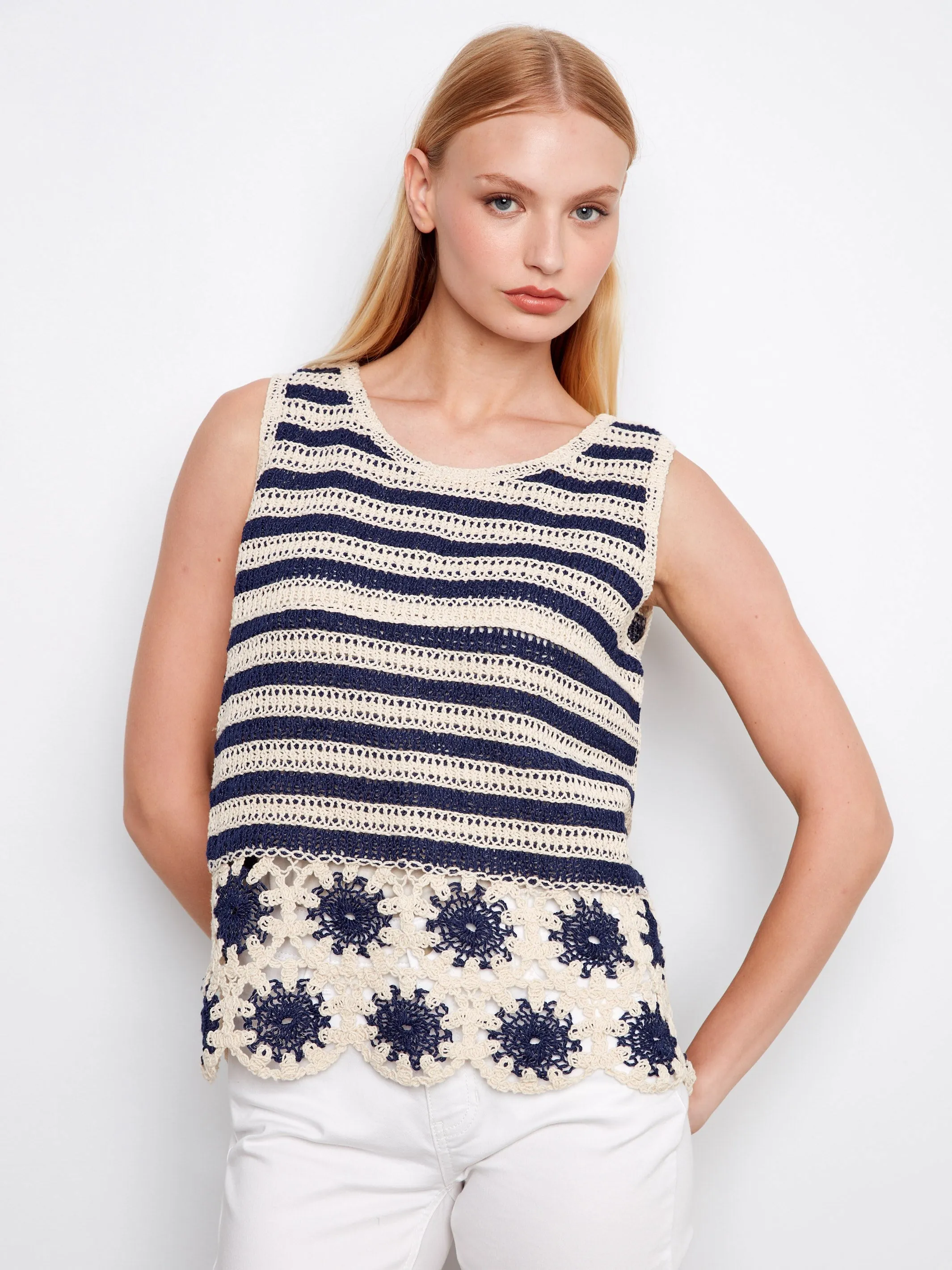 Striped Sleeveless Crochet Top With Floral Hem - Navy sold by Charlie B product image thumbnail 3