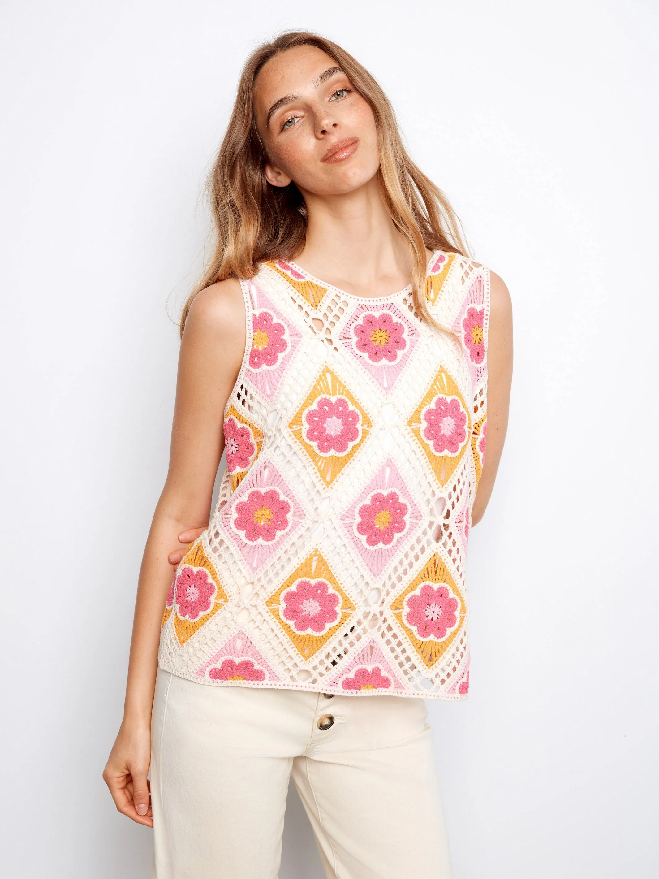 Floral Sleeveless Crochet Cotton Blend Top - Apricot sold by Charlie B product image thumbnail 4