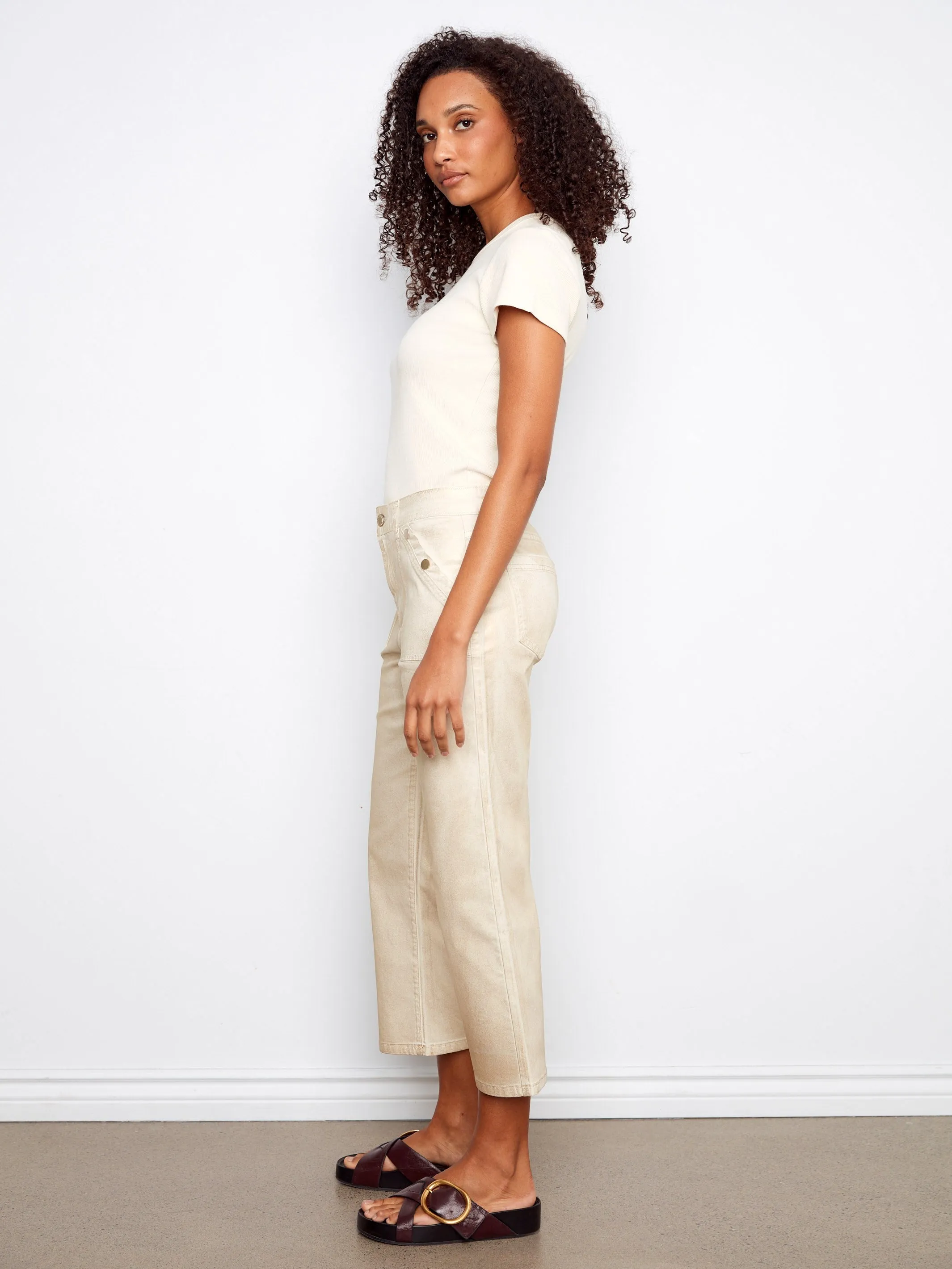 Foiled Cropped Twill Pants With Snap Button Detail - Natural sold by Charlie B product image thumbnail 3