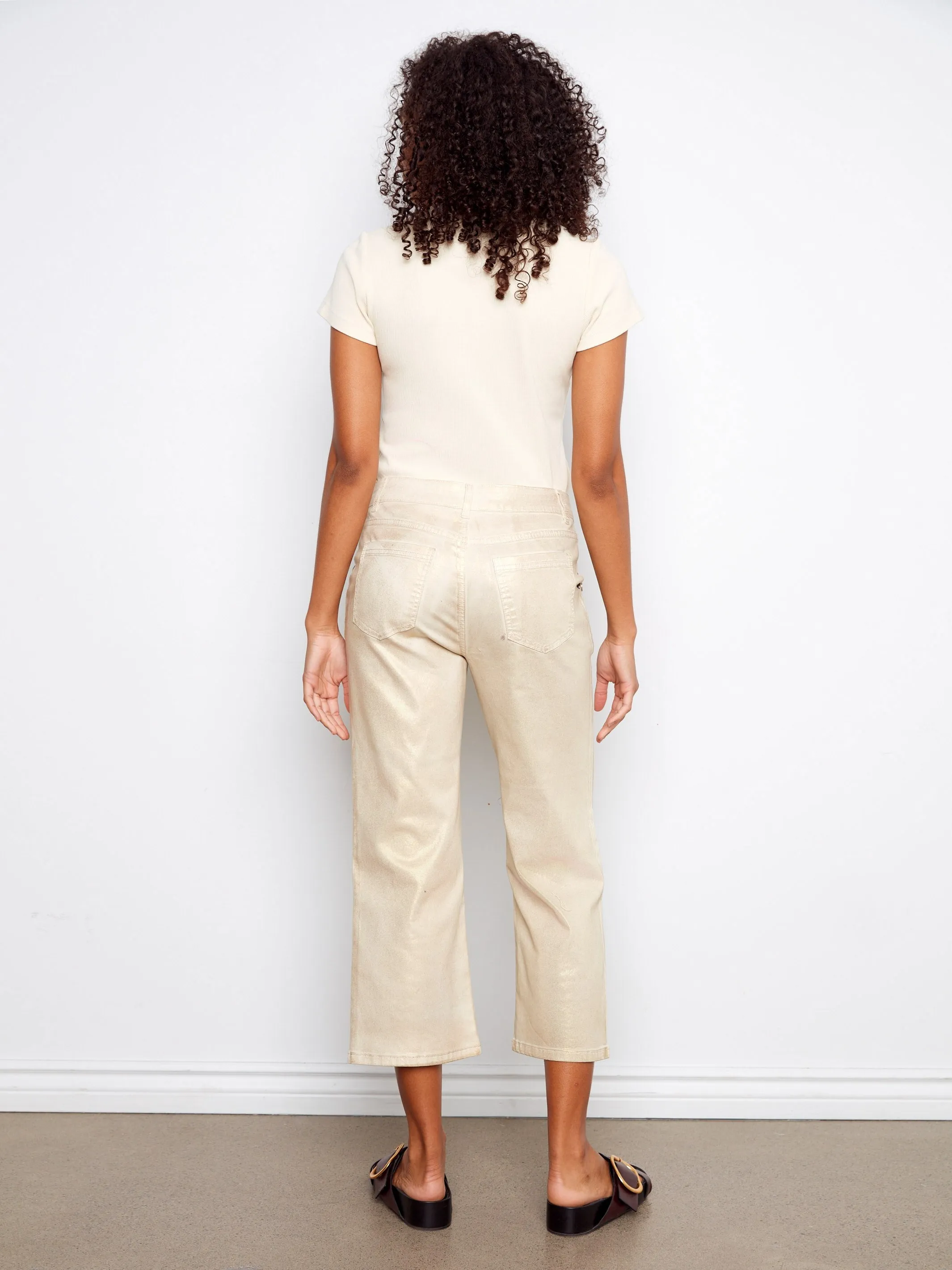 Foiled Cropped Twill Pants With Snap Button Detail - Natural sold by Charlie B product image thumbnail 4