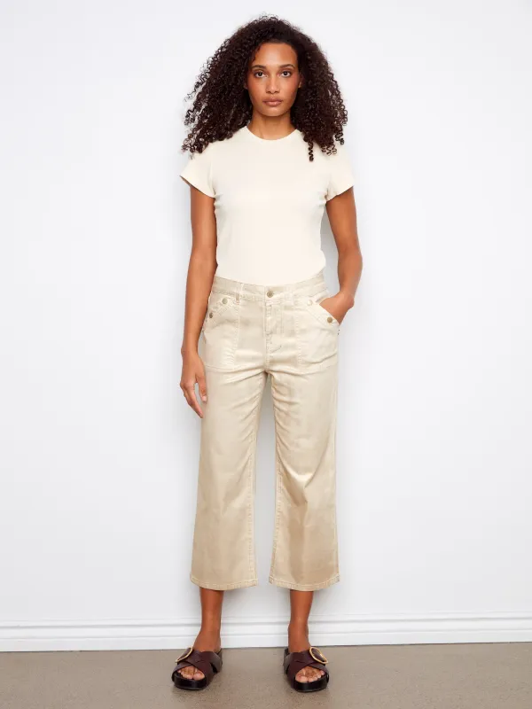 Foiled Cropped Twill Pants With Snap Button Detail - Natural made by Charlie B