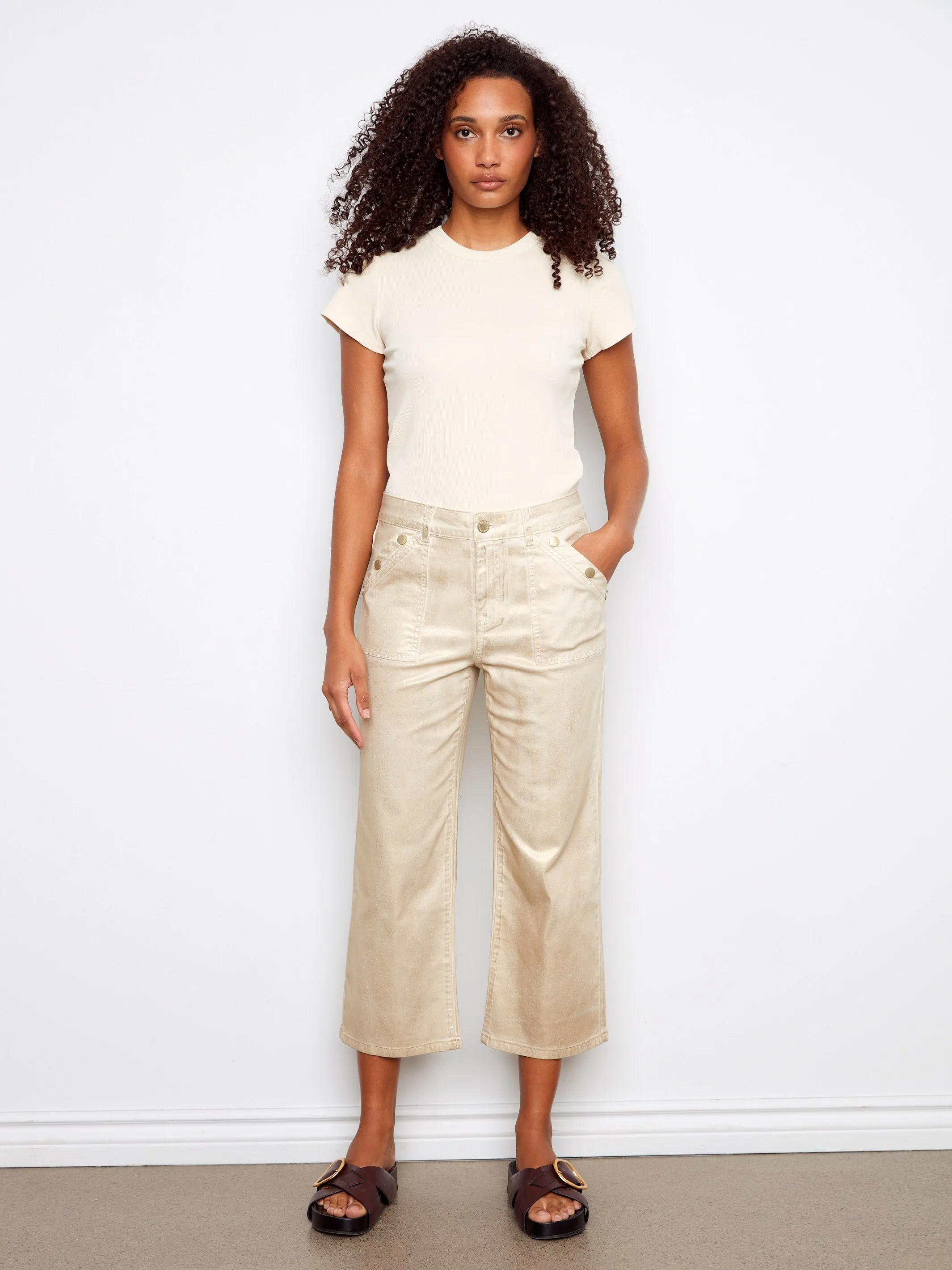 Foiled Cropped Twill Pants With Snap Button Detail - Natural sold by Charlie B