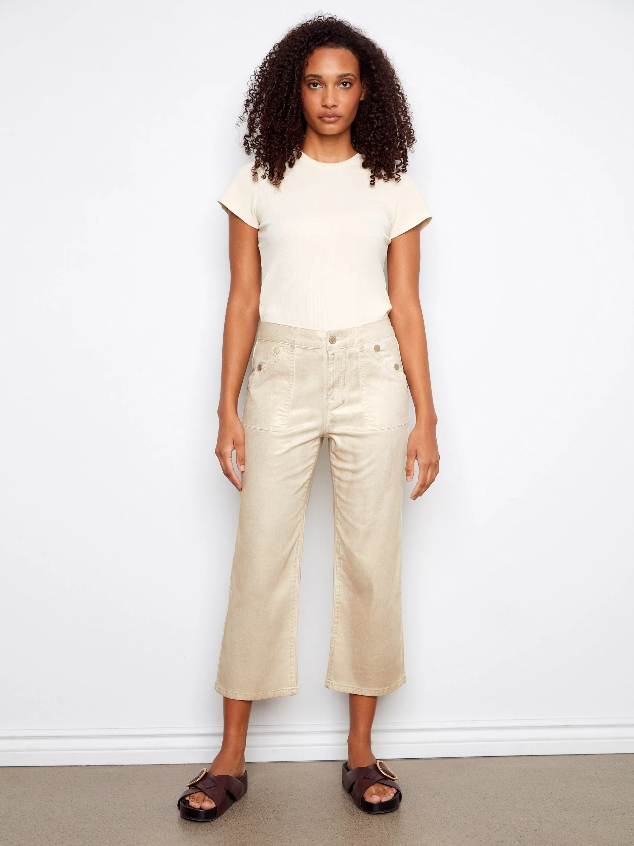 Foiled Cropped Twill Pants With Snap Button Detail - Natural sold by Charlie B product image thumbnail 5