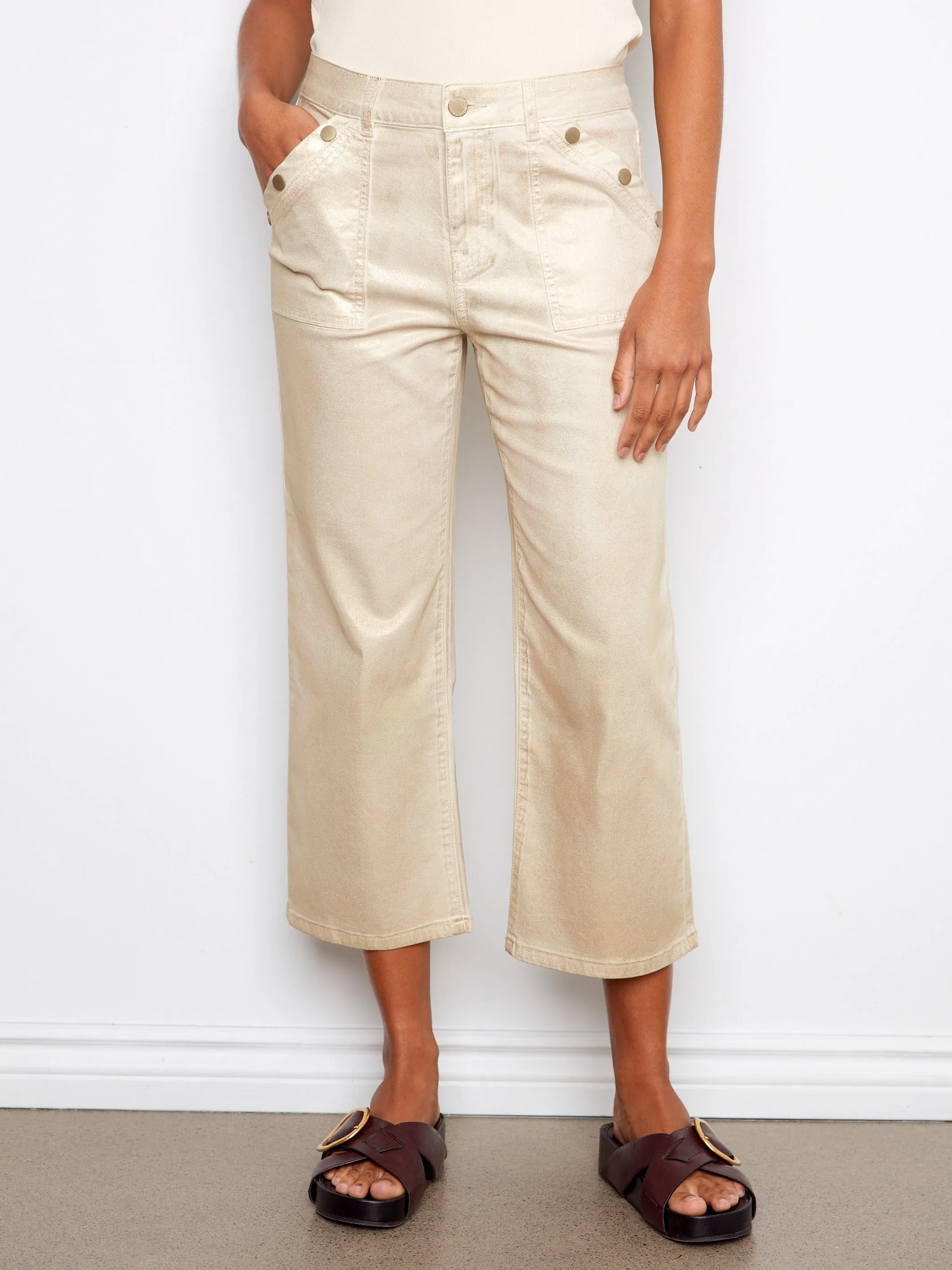 Foiled Cropped Twill Pants With Snap Button Detail - Natural sold by Charlie B product image thumbnail 2