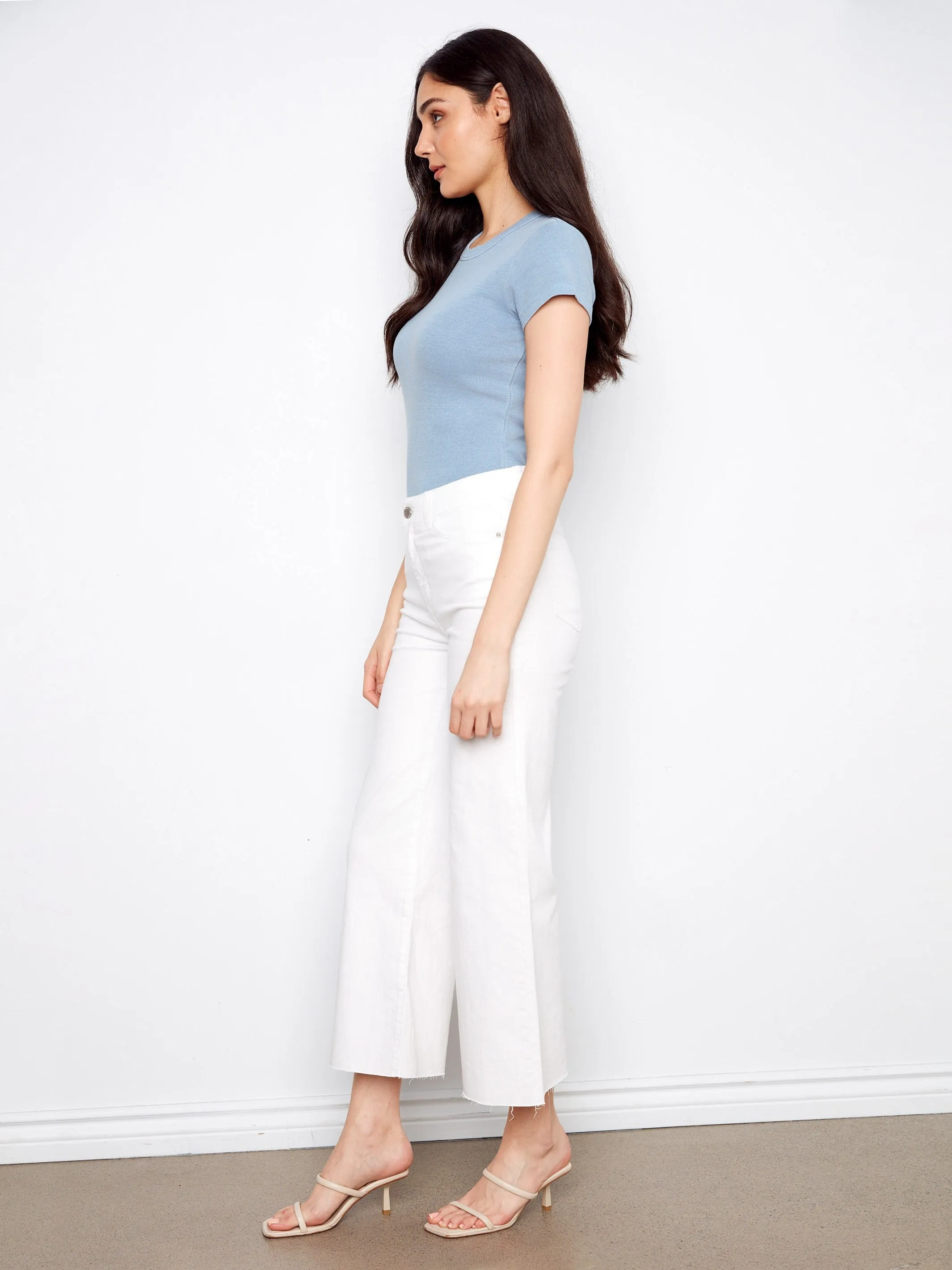 Cropped Flare Twill Pants With Raw Hem - White sold by Charlie B product image thumbnail 3