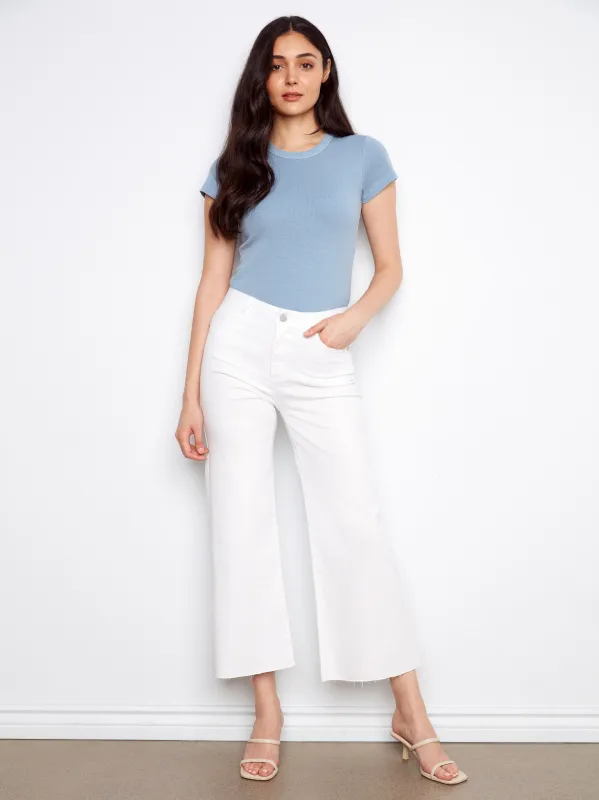 Cropped Flare Twill Pants With Raw Hem - White made by Charlie B