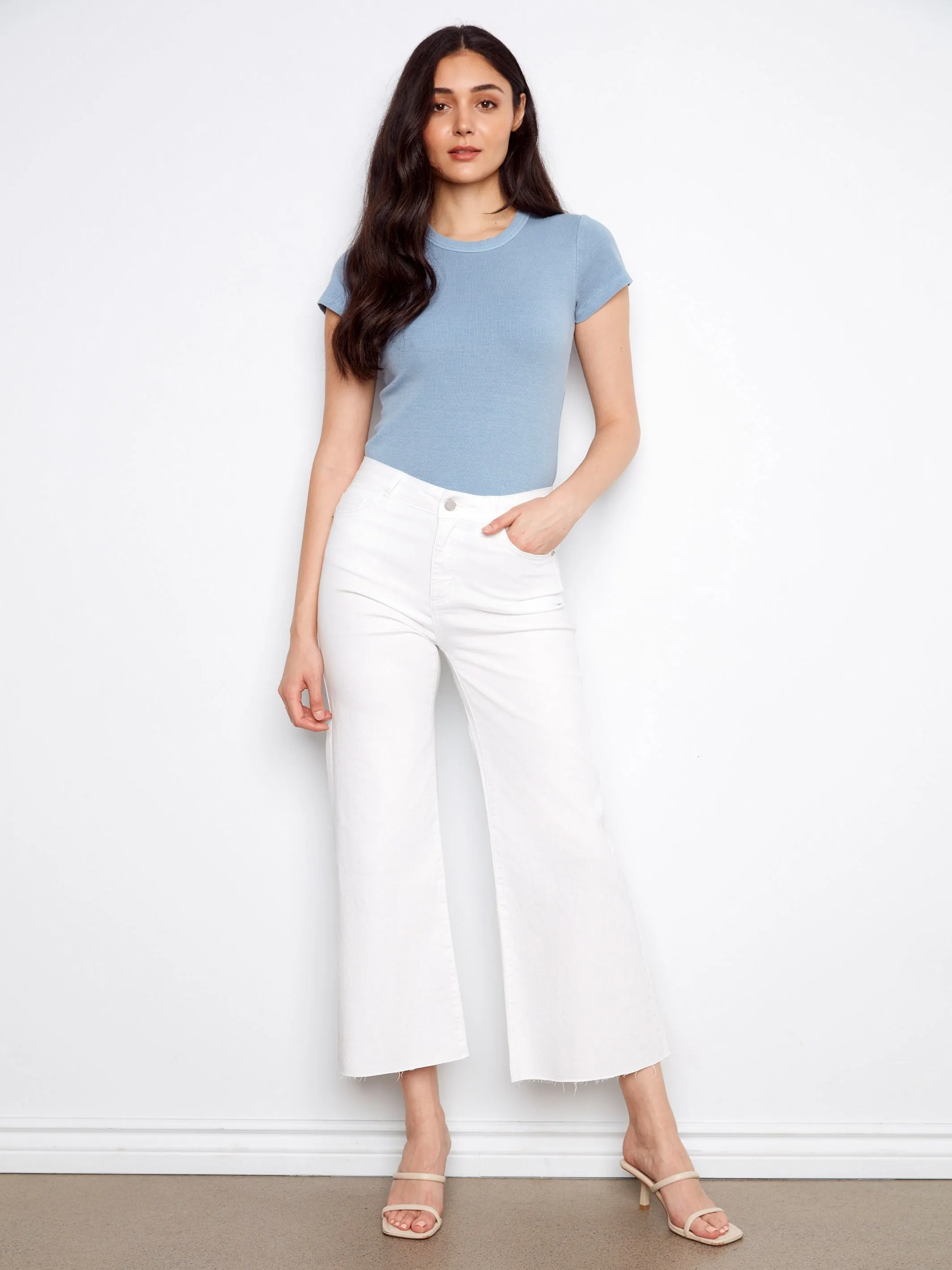 Cropped Flare Twill Pants With Raw Hem - White sold by Charlie B