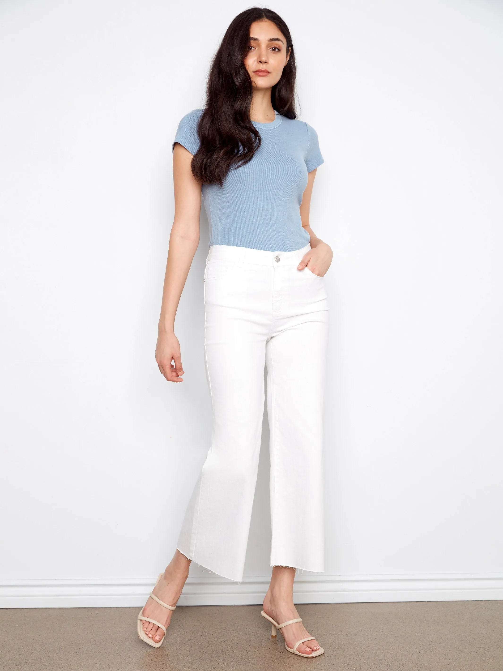 Cropped Flare Twill Pants With Raw Hem - White sold by Charlie B product image thumbnail 5