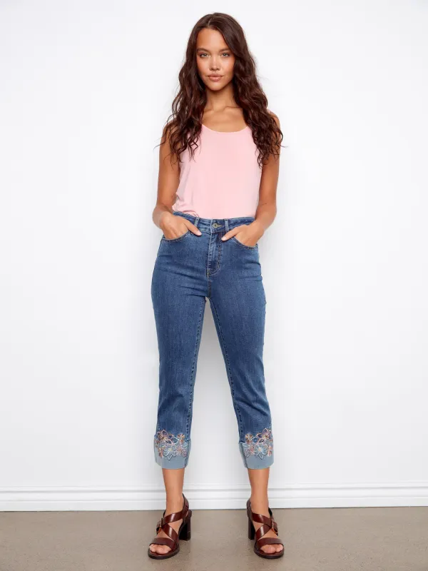 Embroidered Cuff Cropped Jeans - Medium Blue made by Charlie B