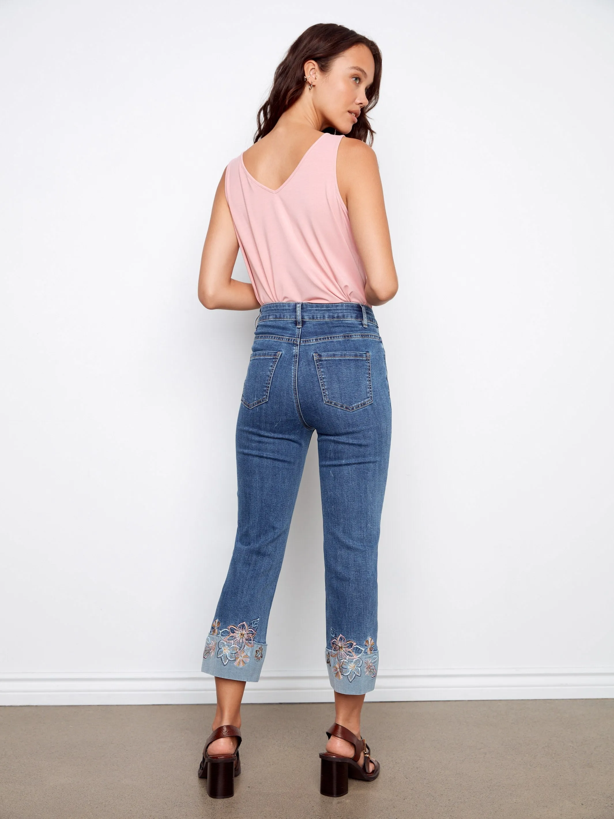 Embroidered Cuff Cropped Jeans - Medium Blue sold by Charlie B product image thumbnail 5