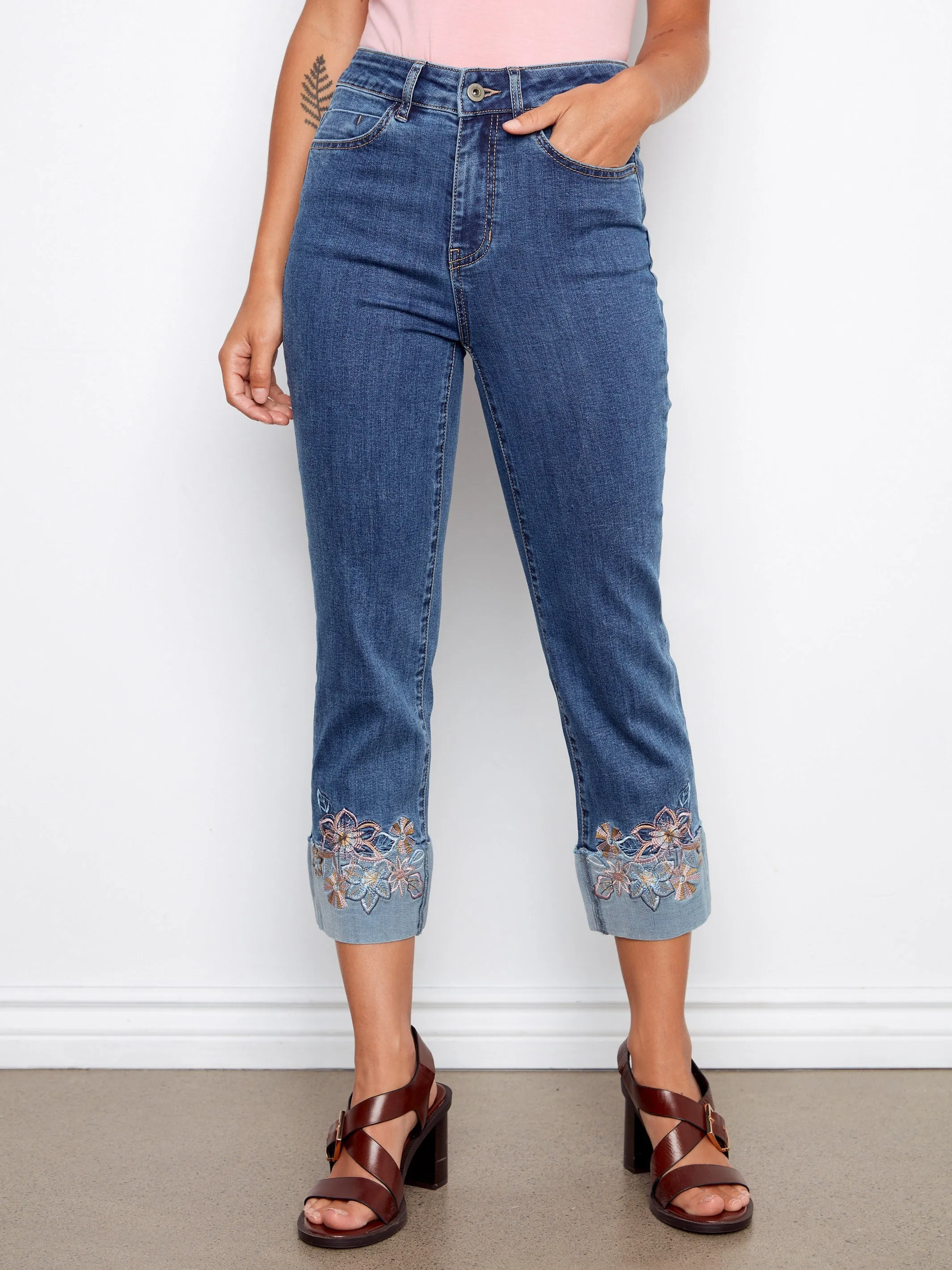 Embroidered Cuff Cropped Jeans - Medium Blue sold by Charlie B product image thumbnail 2