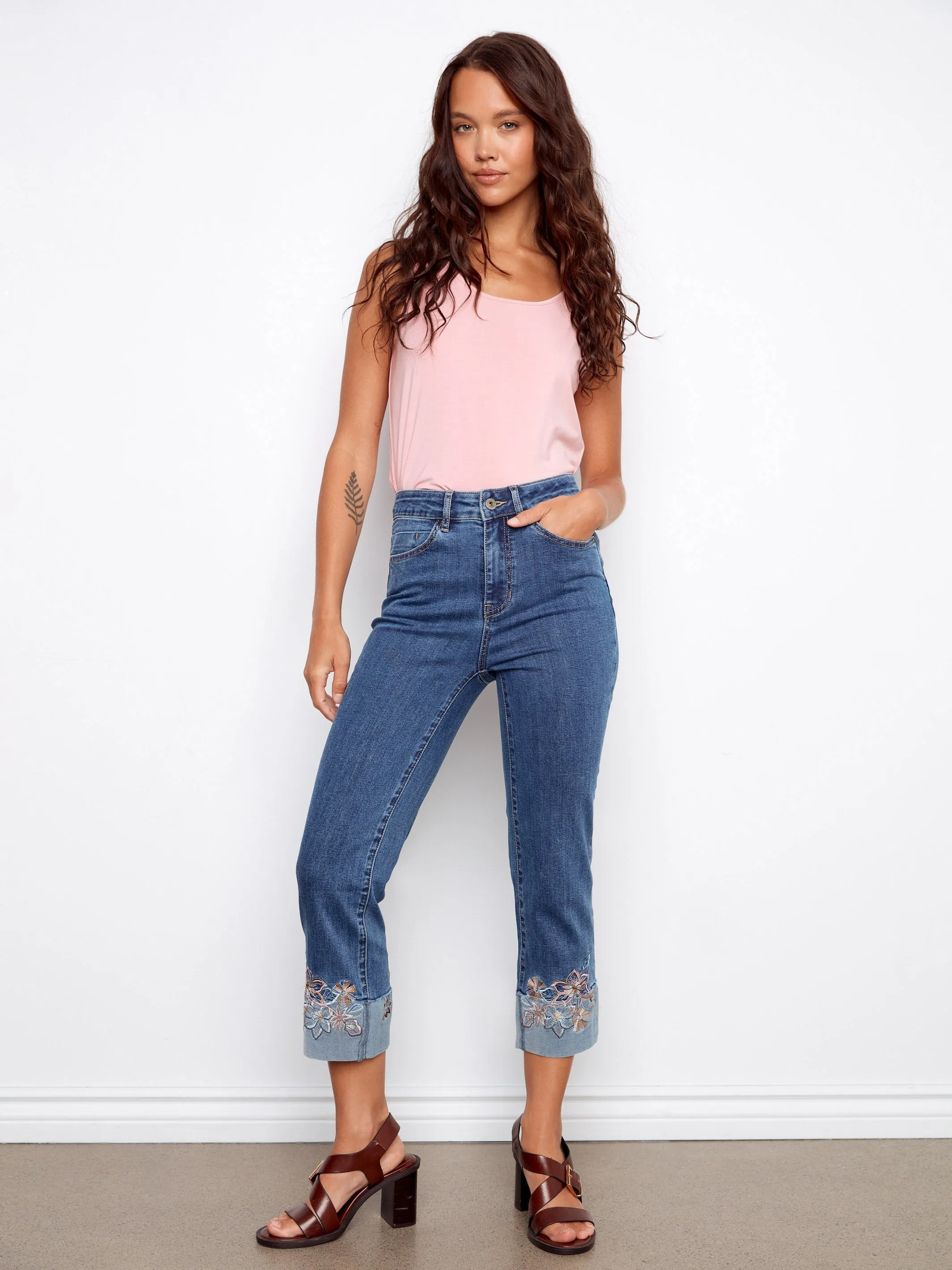 Embroidered Cuff Cropped Jeans - Medium Blue sold by Charlie B product image thumbnail 3