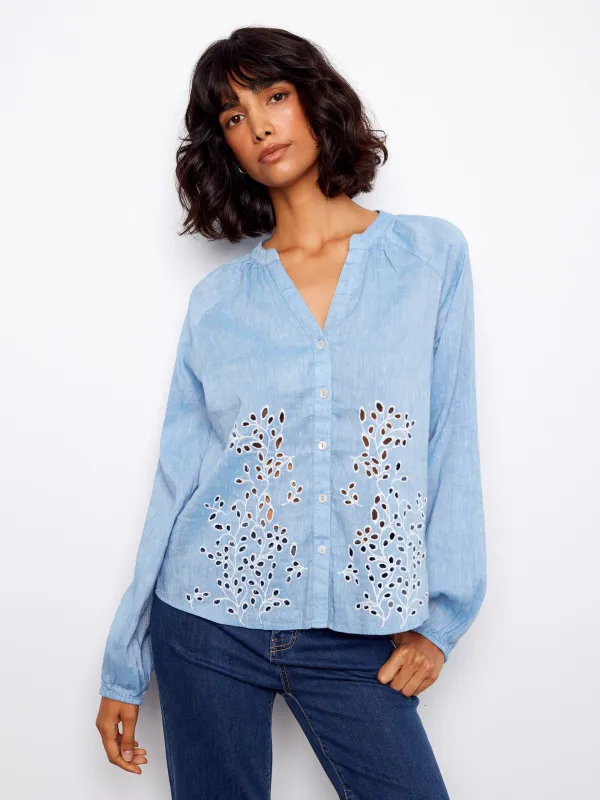 Cotton-Linen Button-Front Embroidered Blouse - Chambray made by Charlie B