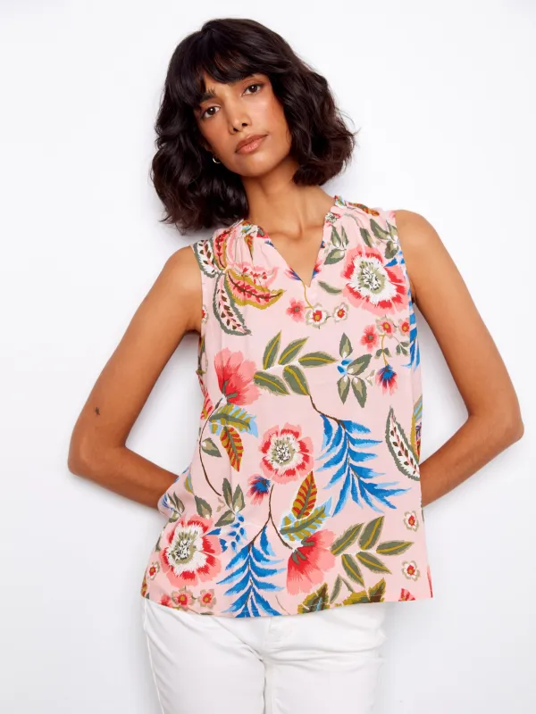 Printed Sleeveless Ruffle Neck Top - Gardenia made by Charlie B