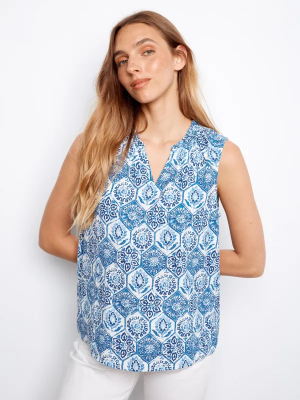 Printed Sleeveless Ruffle Neck Top - Mosaic made by Charlie B