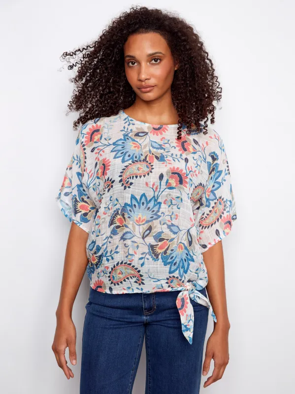 Printed Cotton Gauze Blouse With Side Tie - Rio made by Charlie B