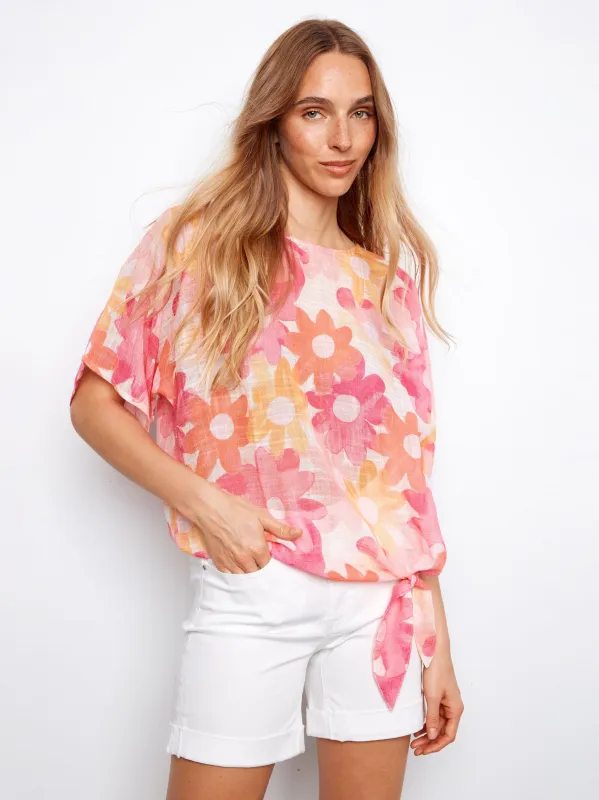 Printed Cotton Gauze Blouse With Side Tie - Dandy made by Charlie B